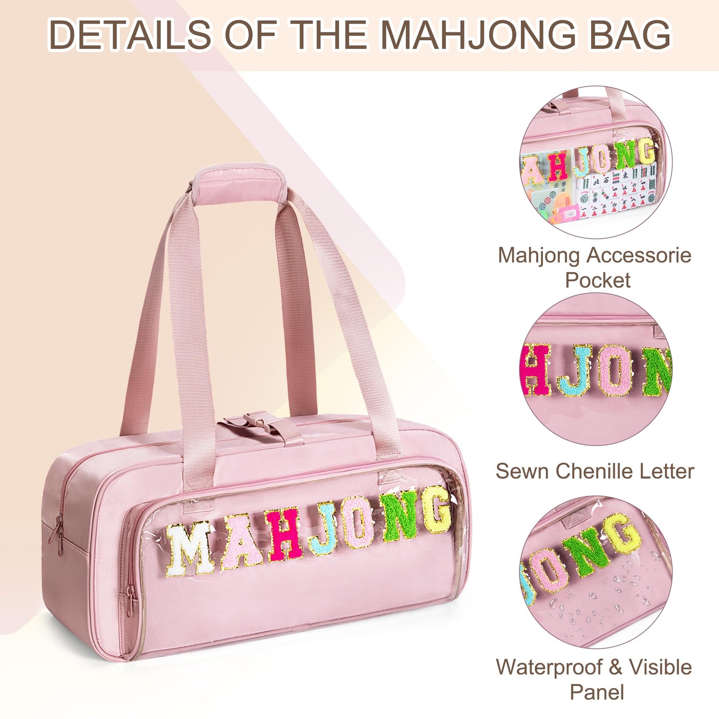 Yarwo 3-Piece Mahjong Bag Set – Clear Tile Bags, Adjustable Mat Buckle, Pink Case (Case Only)