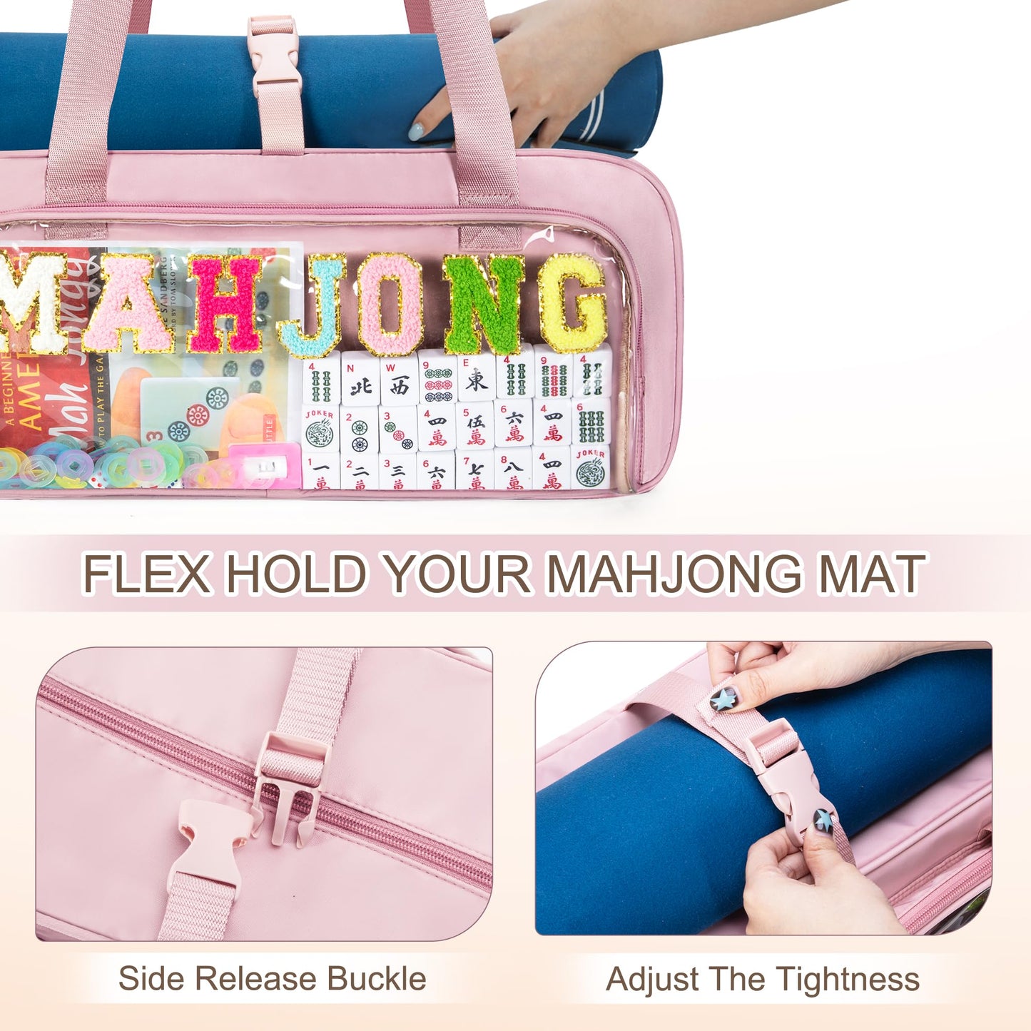 Yarwo 3-Piece Mahjong Bag Set – Clear Tile Bags, Adjustable Mat Buckle, Pink Case (Case Only)