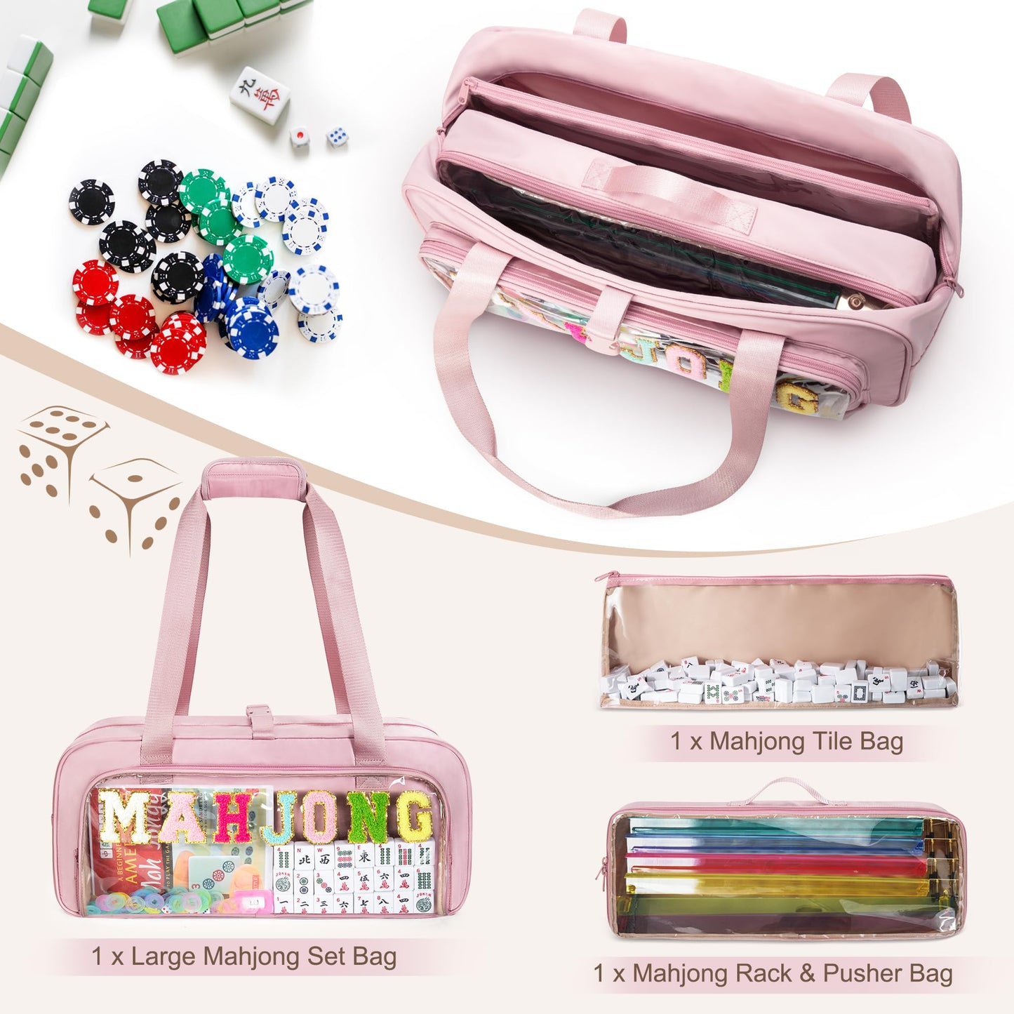 Yarwo 3-Piece Mahjong Bag Set – Clear Tile Bags, Adjustable Mat Buckle, Pink Case (Case Only)