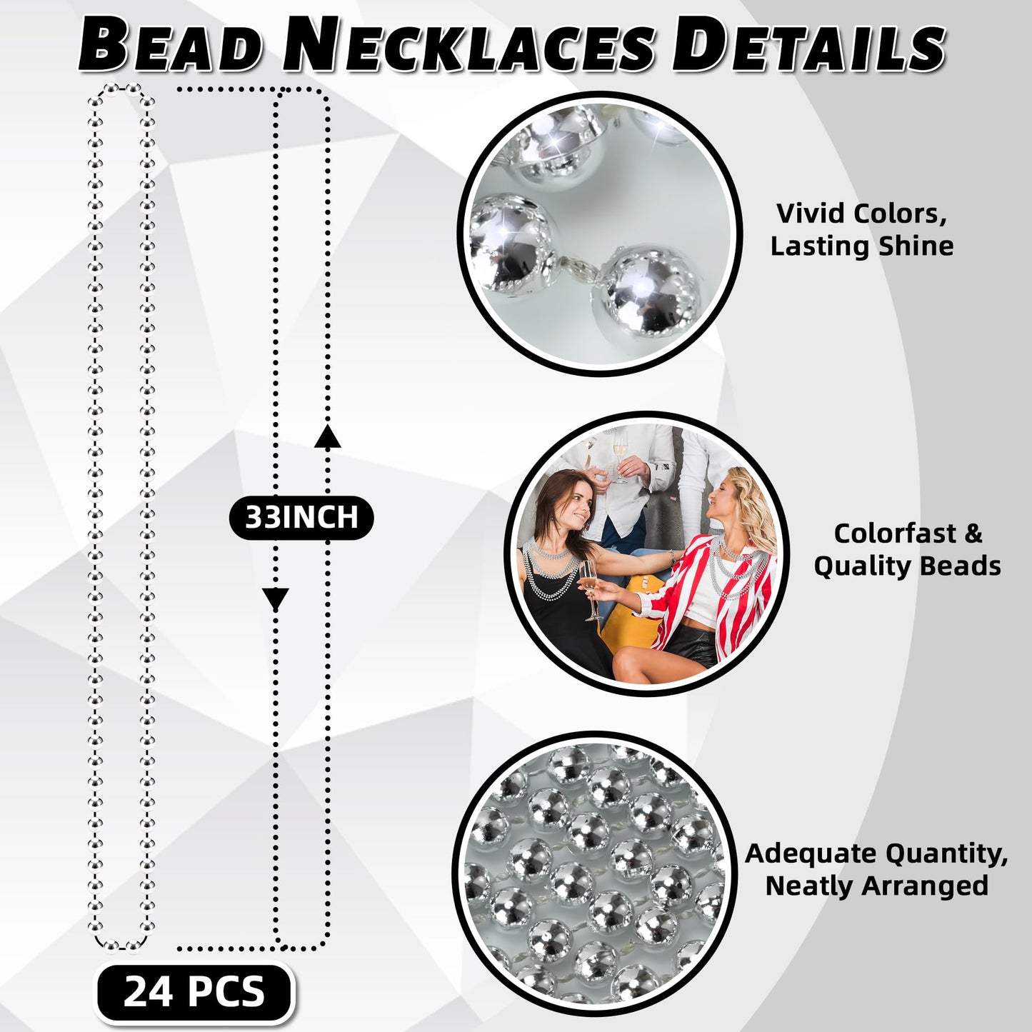 YAXINRUI 24 Pcs Silver Bead Necklaces – 33-Inch Mardi Gras & Holiday Beads