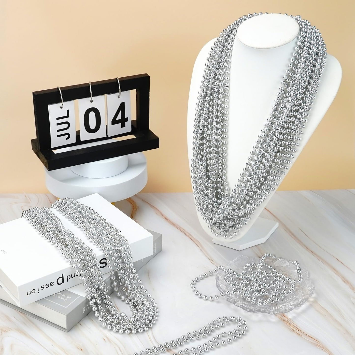 YAXINRUI 24 Pcs Silver Bead Necklaces – 33-Inch Mardi Gras & Holiday Beads