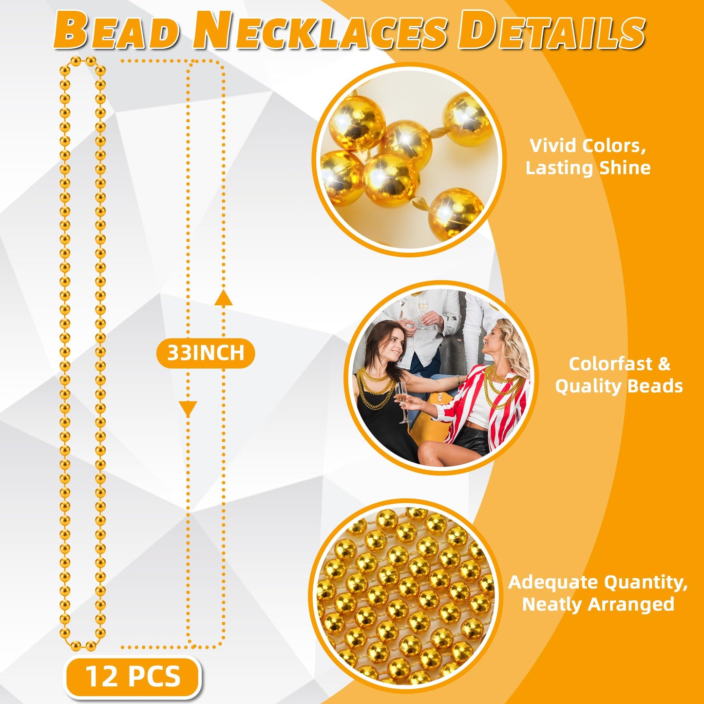YAXINRUI 12 PCS Gold Bead Necklaces – Mardi Gras Beads, 33-Inch Gold Beaded Necklaces for Festive Parties & Decor