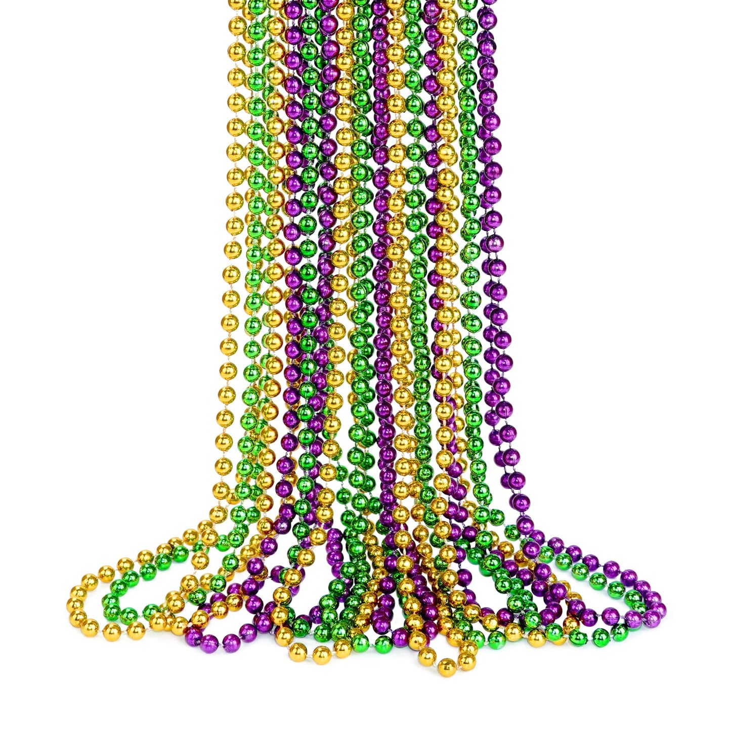 YAXINRUI Mardi Gras Beads Necklaces – 15-Pack, 33in 7mm Metallic Gold Green Purple Party Favors