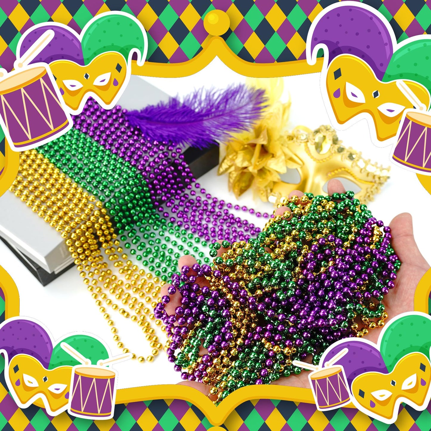 YAXINRUI Mardi Gras Beads Necklaces – 15-Pack, 33in 7mm Metallic Gold Green Purple Party Favors