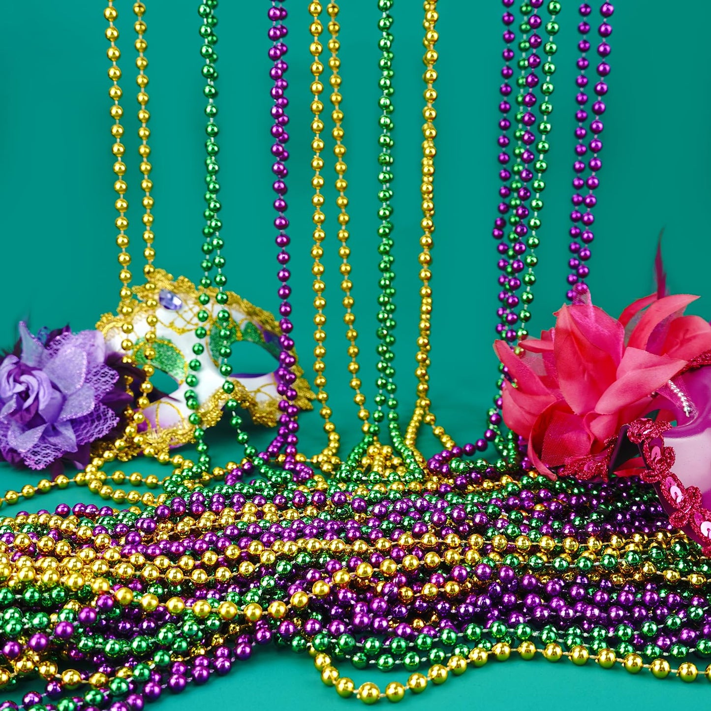 YAXINRUI Mardi Gras Beads Necklaces – 15-Pack, 33in 7mm Metallic Gold Green Purple Party Favors