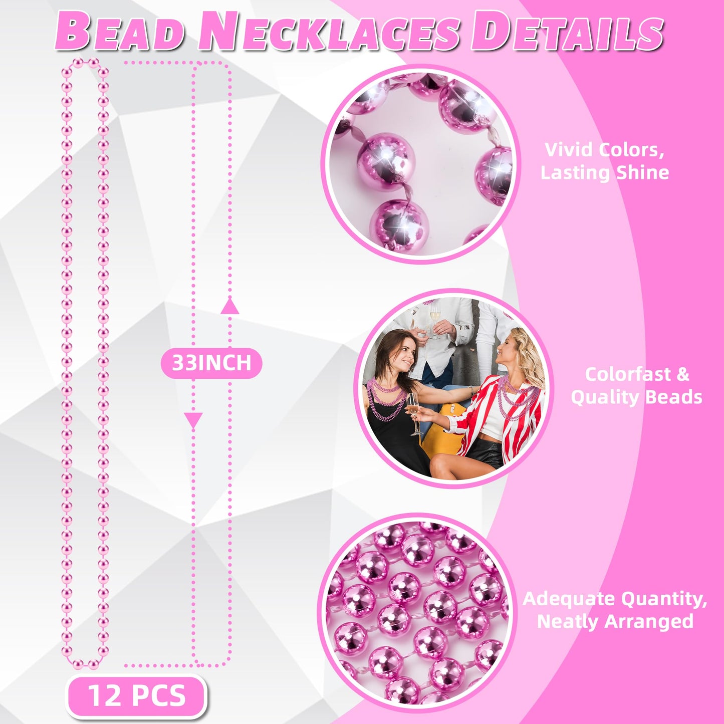 YAXINRUI 12-Pack Pink Bead Necklaces – 33” Mardi Gras Beads for Parties, Valentine’s, Cancer Awareness