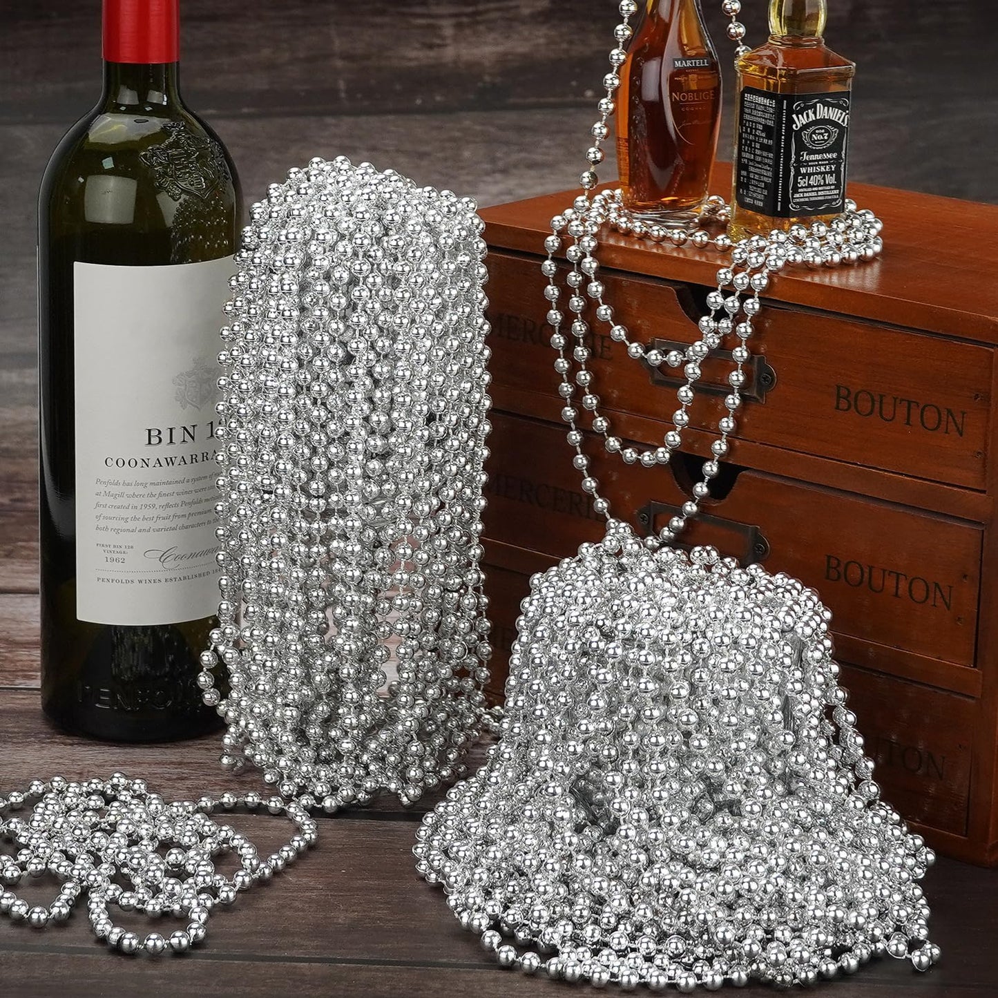 YAXINRUI 24 Pcs Silver Bead Necklaces – 33-Inch Mardi Gras & Holiday Beads