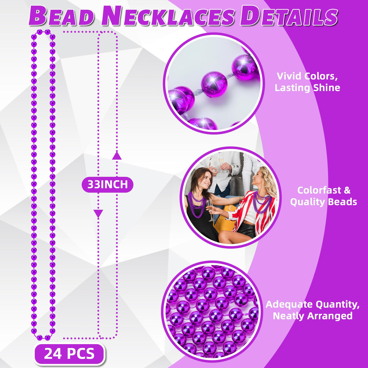 YAXINRUI 24 PCS Purple Mardi Gras Beads – 33-Inch Beaded Necklaces for Parties & Costumes