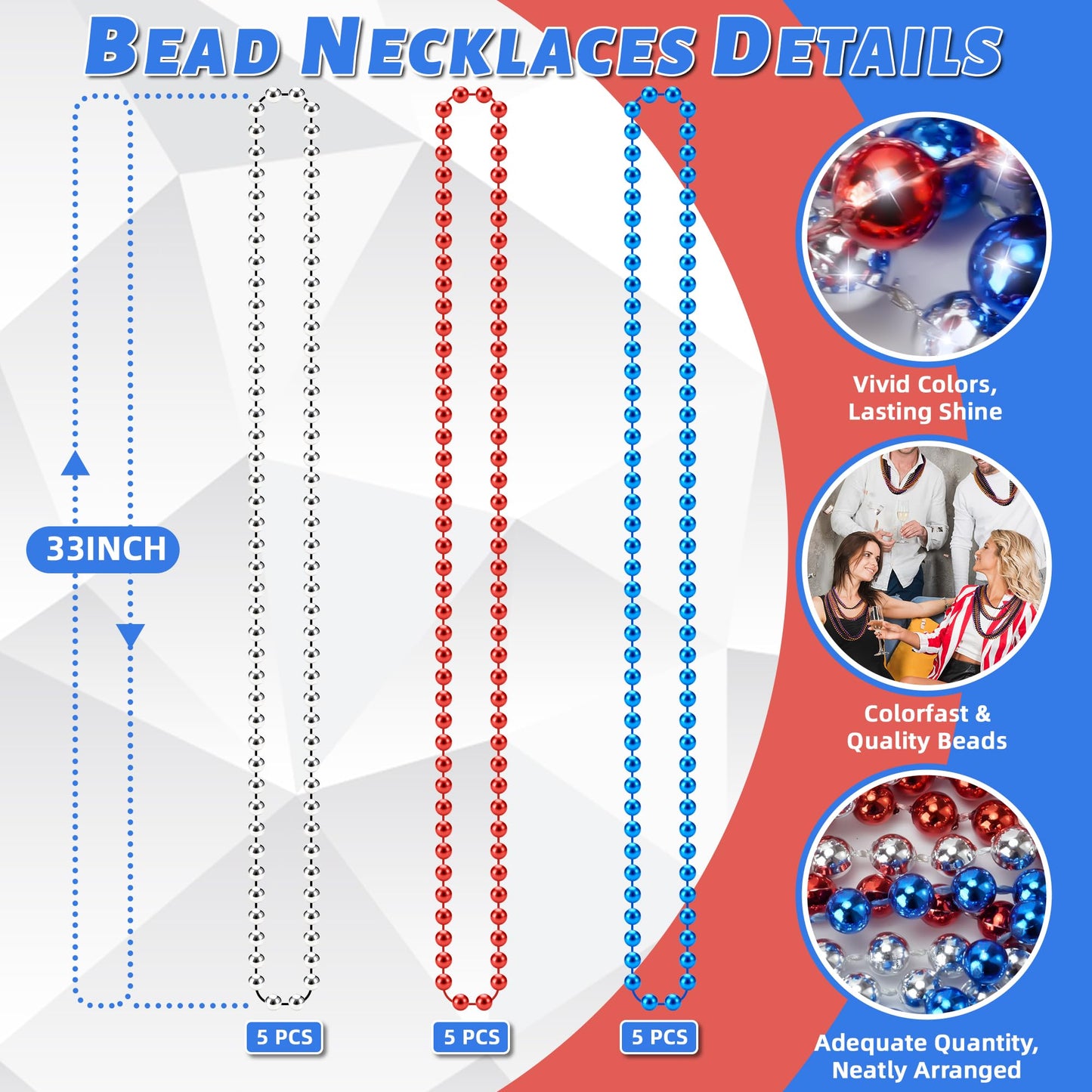 YAXINRUI 15 PCS Patriotic Beaded Necklaces – 33-Inch 4th of July Beads for Parades & Parties