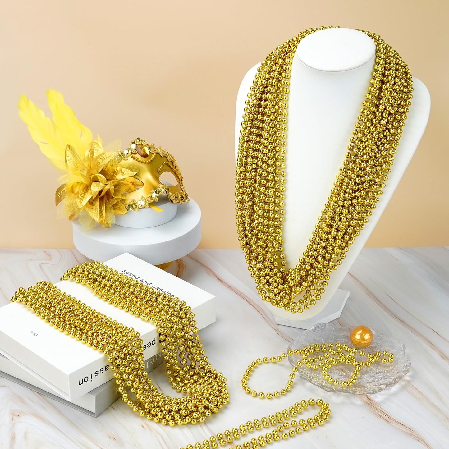 YAXINRUI 12 PCS Gold Bead Necklaces – Mardi Gras Beads, 33-Inch Gold Beaded Necklaces for Festive Parties & Decor