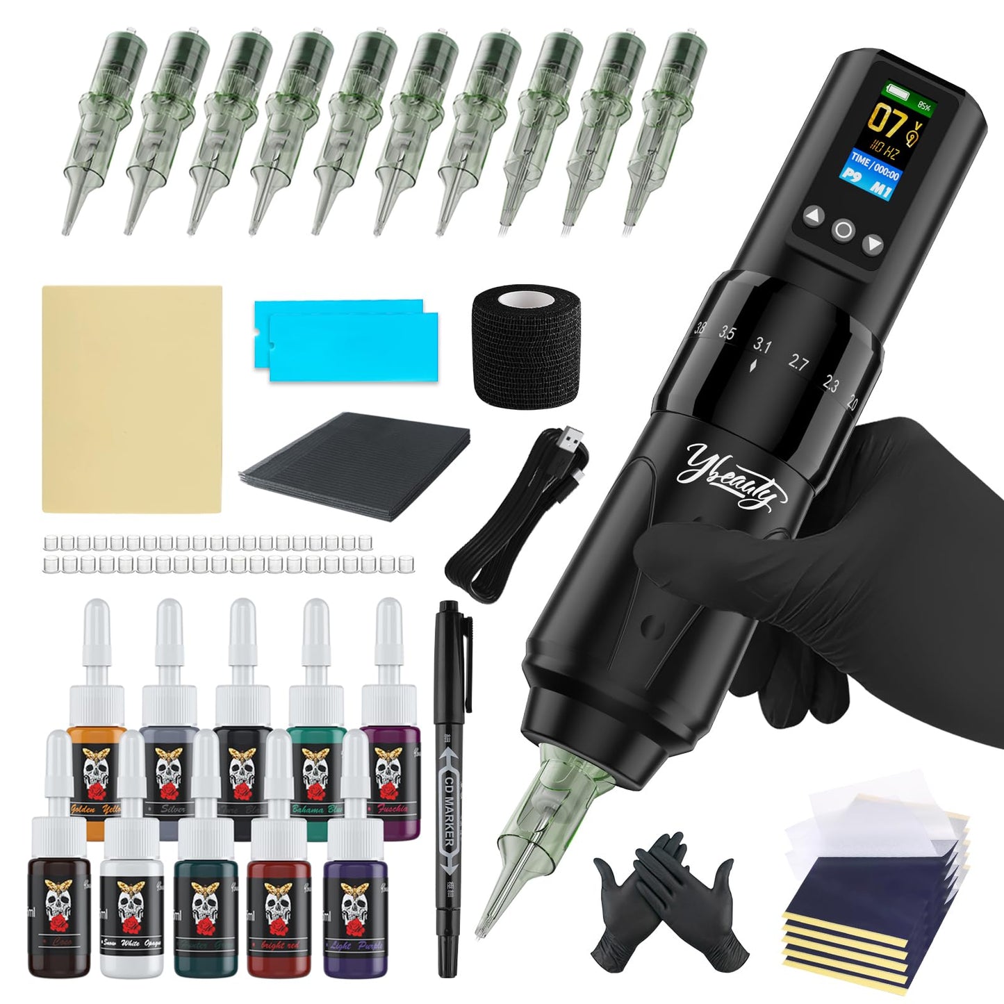 Ybeauty Wireless Tattoo Gun Kit – Professional Rotary Tattoo Machine with 1600 mAh Power Supply, 76‑Piece Starter Set