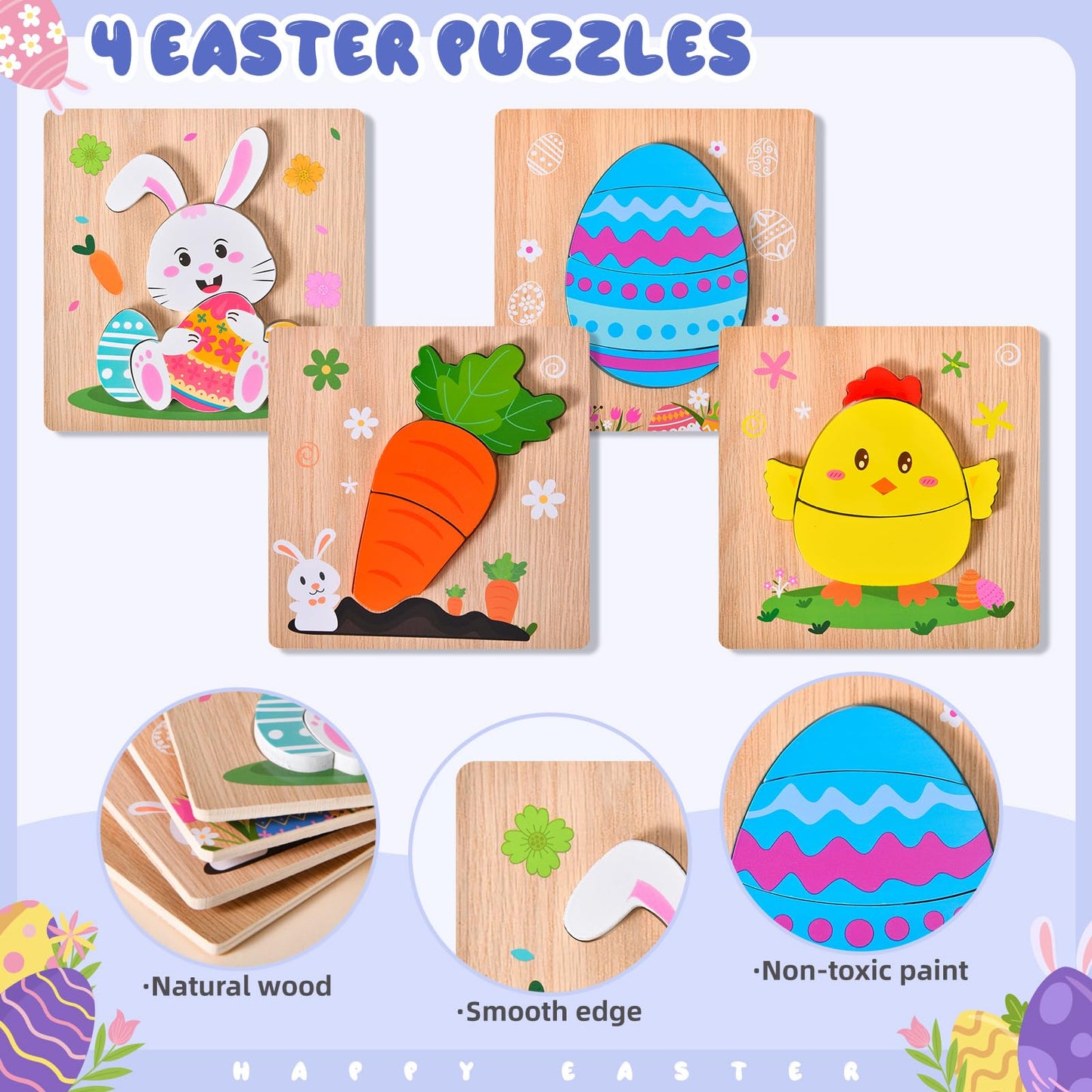 YBSOP 4 Pack Easter Wooden Puzzles for Kids – Jigsaw Toys for Easter Basket Stuffers & Party Favors