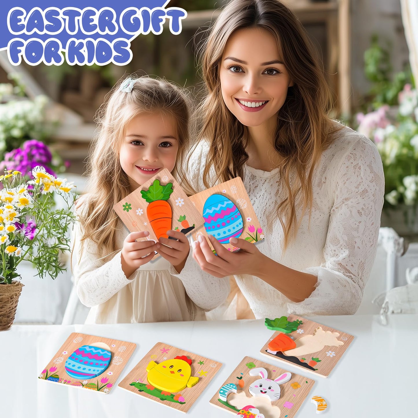 YBSOP 4 Pack Easter Wooden Puzzles for Kids – Jigsaw Toys for Easter Basket Stuffers & Party Favors