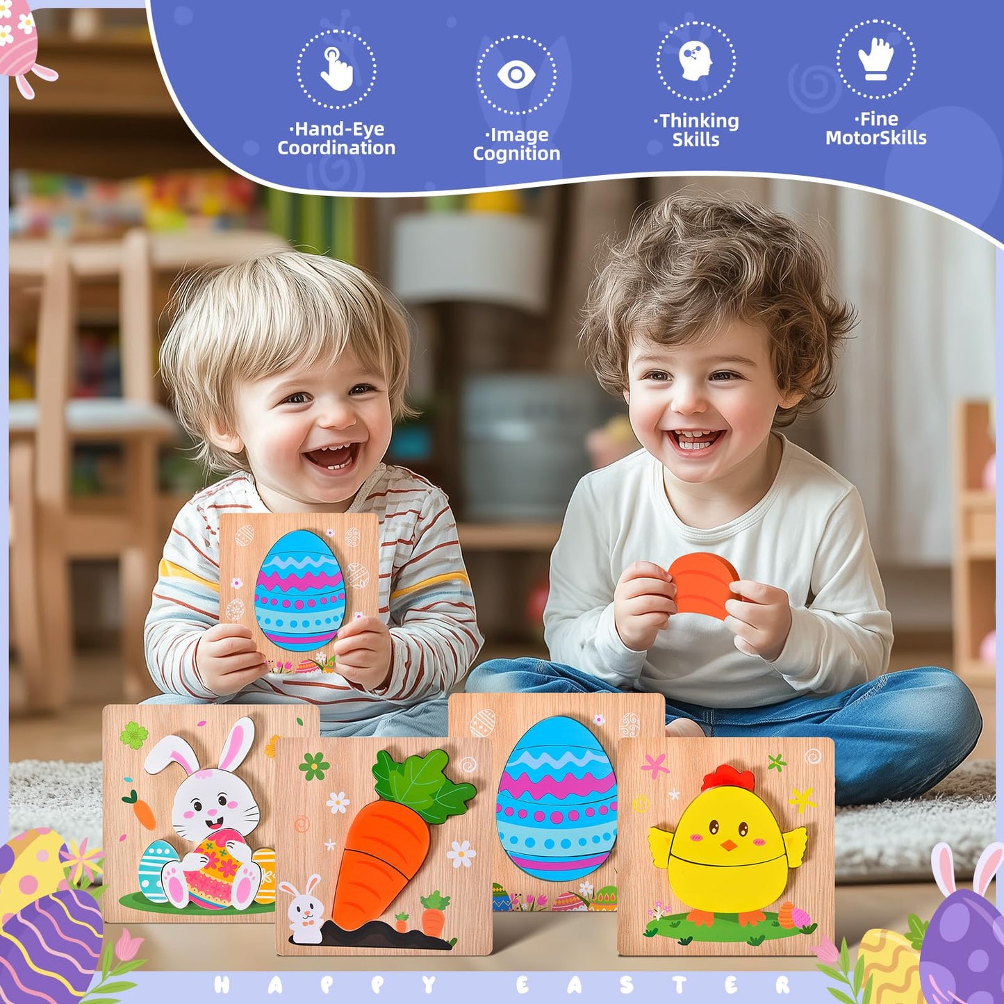 YBSOP 4 Pack Easter Wooden Puzzles for Kids – Jigsaw Toys for Easter Basket Stuffers & Party Favors
