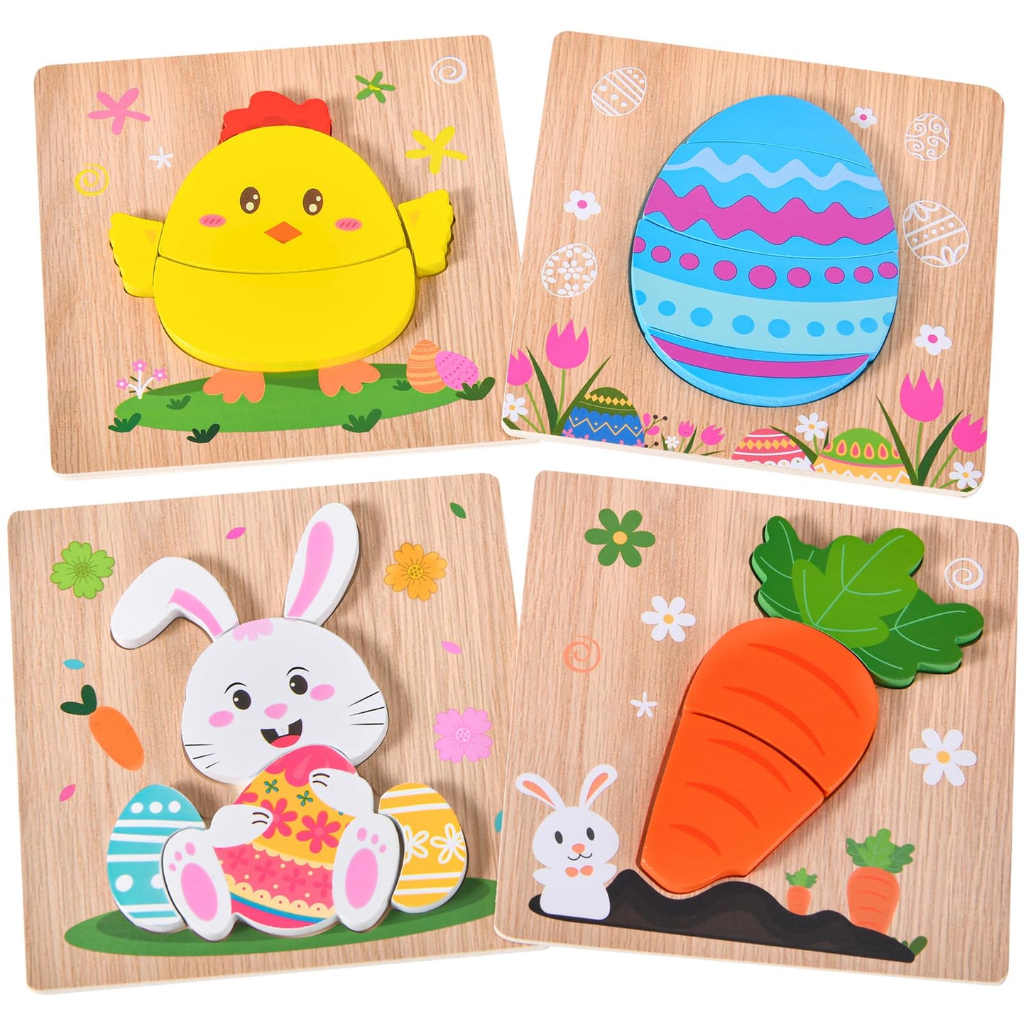 YBSOP 4 Pack Easter Wooden Puzzles for Kids – Jigsaw Toys for Easter Basket Stuffers & Party Favors