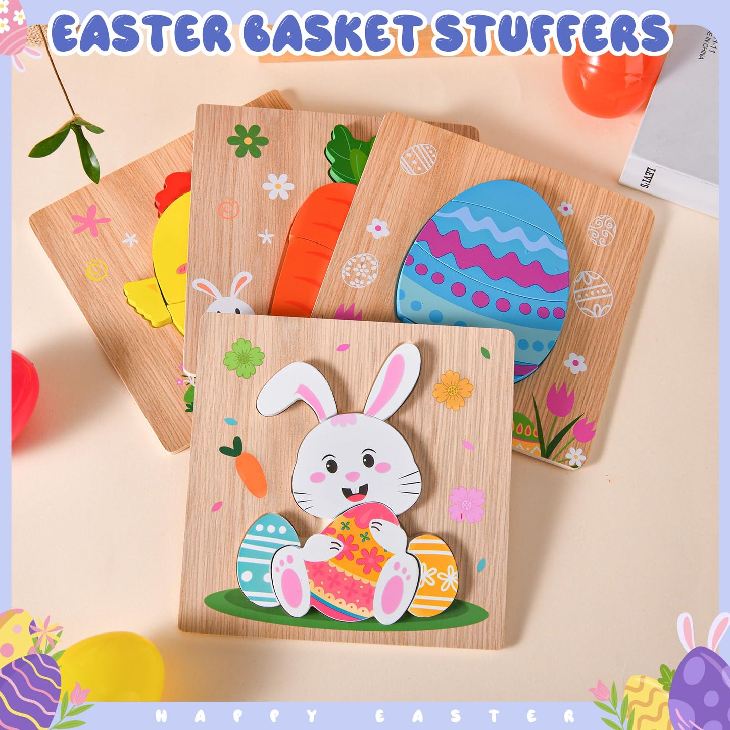 YBSOP 4 Pack Easter Wooden Puzzles for Kids – Jigsaw Toys for Easter Basket Stuffers & Party Favors