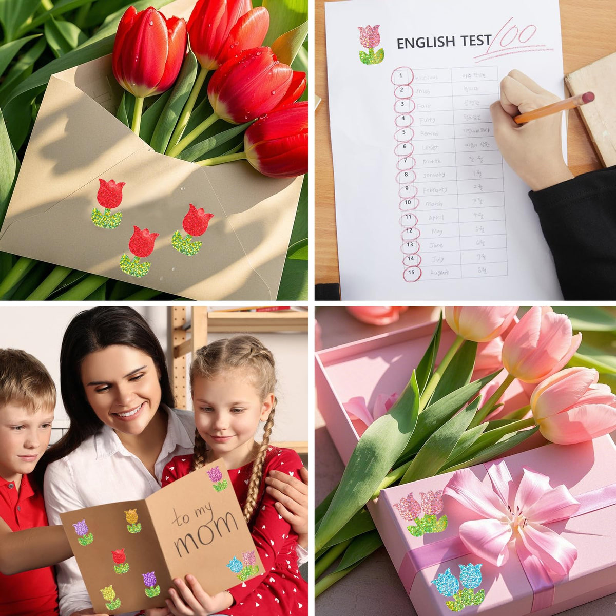 YCDMLJC 500pcs Spring Tulip Stickers - Waterproof 1.5-inch Laser Colorful Flowers for Envelopes, Gift Boxes & Crafts