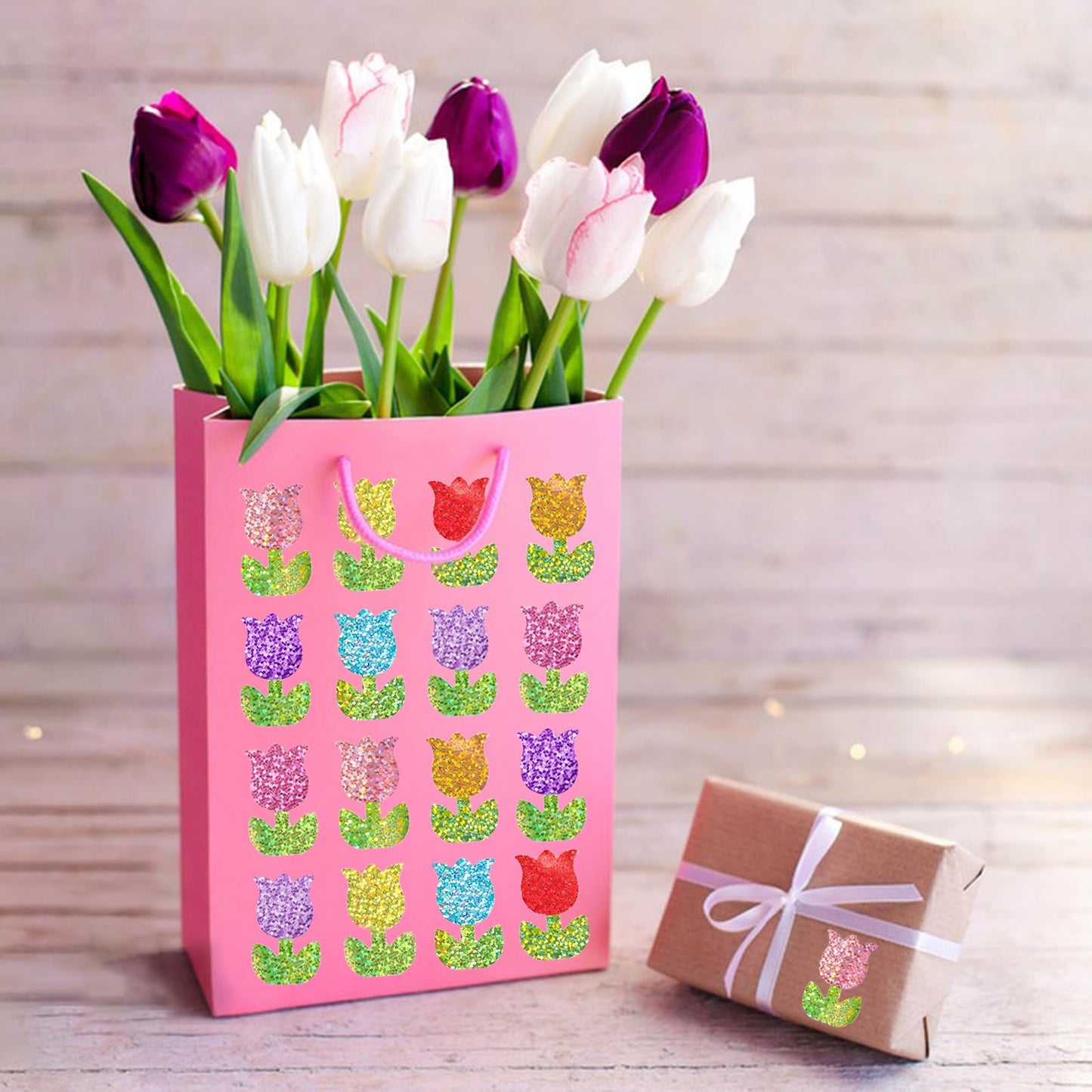 YCDMLJC 500pcs Spring Tulip Stickers - Waterproof 1.5-inch Laser Colorful Flowers for Envelopes, Gift Boxes & Crafts