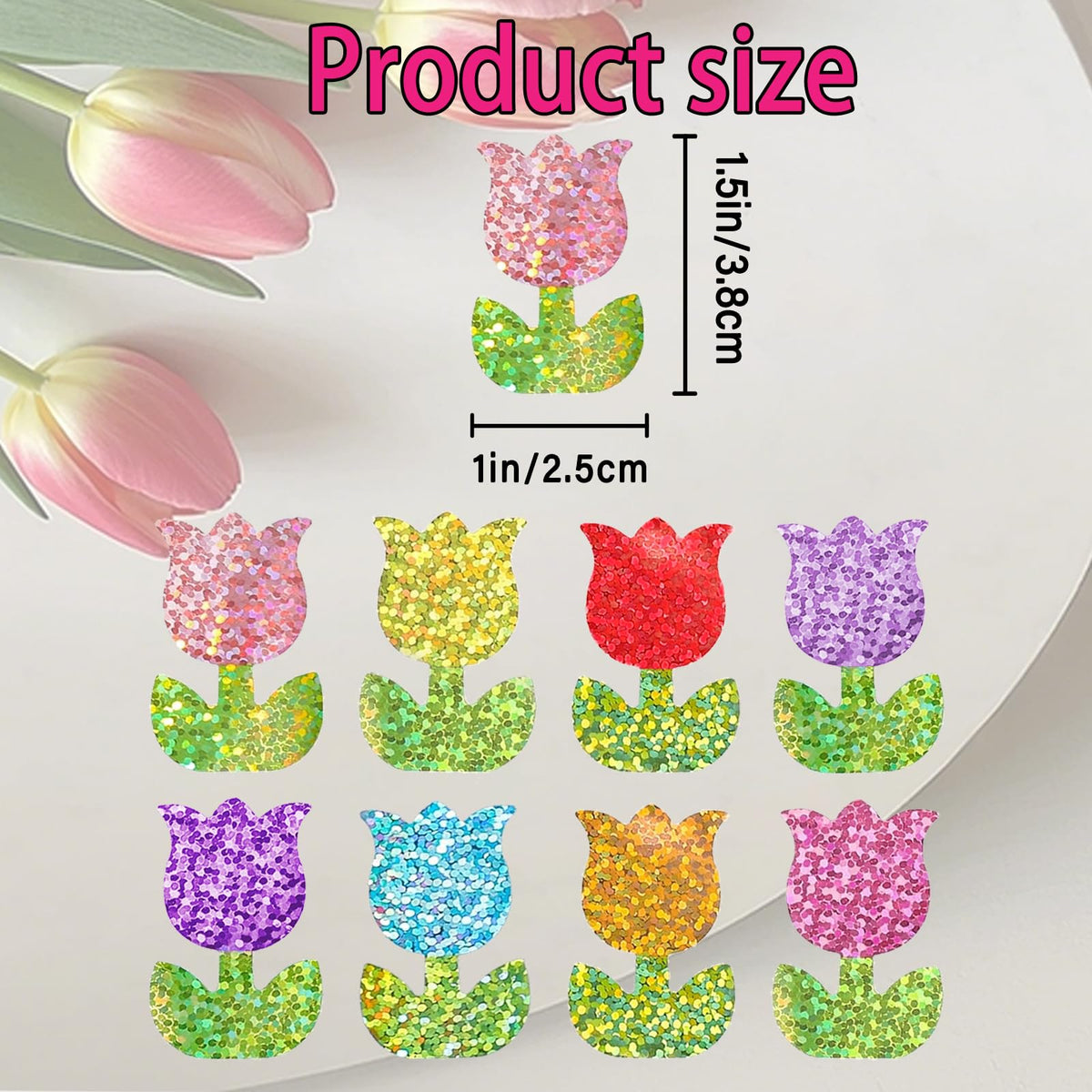 YCDMLJC 500pcs Spring Tulip Stickers - Waterproof 1.5-inch Laser Colorful Flowers for Envelopes, Gift Boxes & Crafts