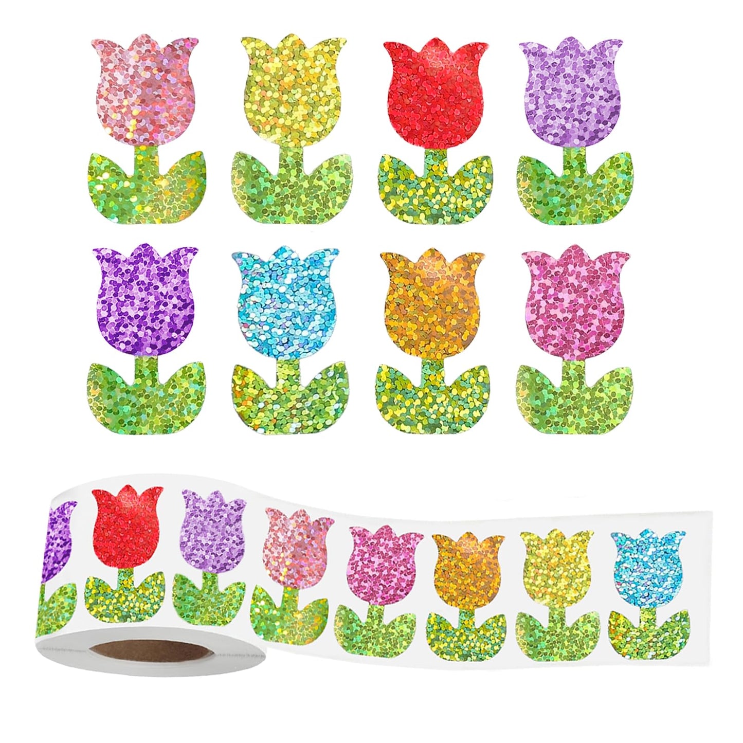 YCDMLJC 500pcs Spring Tulip Stickers - Waterproof 1.5-inch Laser Colorful Flowers for Envelopes, Gift Boxes & Crafts