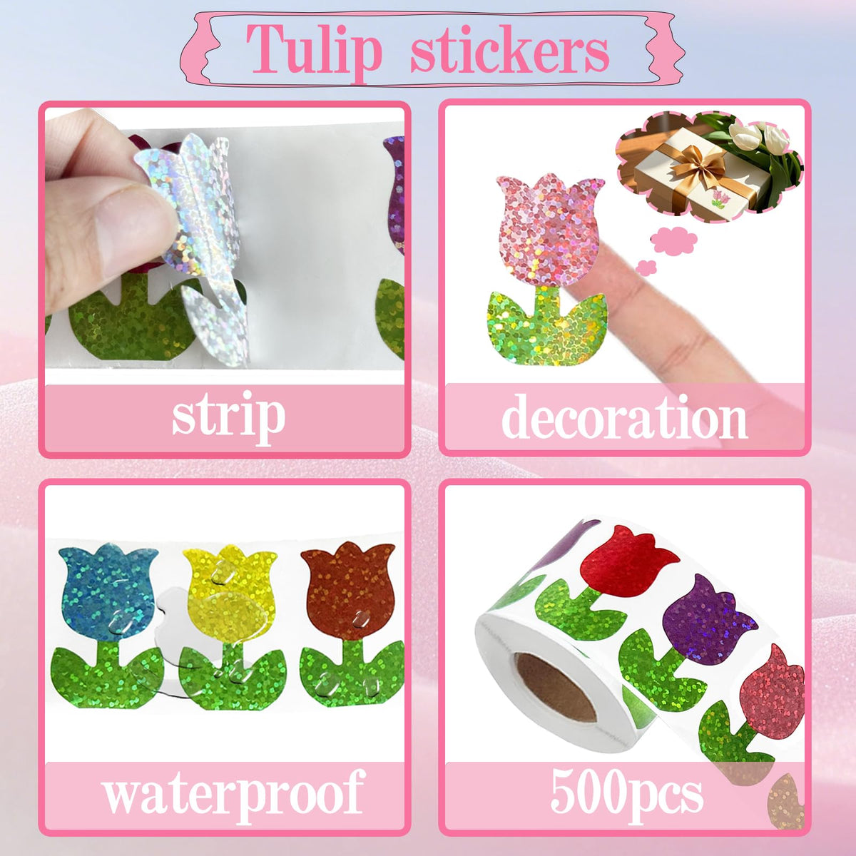 YCDMLJC 500pcs Spring Tulip Stickers - Waterproof 1.5-inch Laser Colorful Flowers for Envelopes, Gift Boxes & Crafts