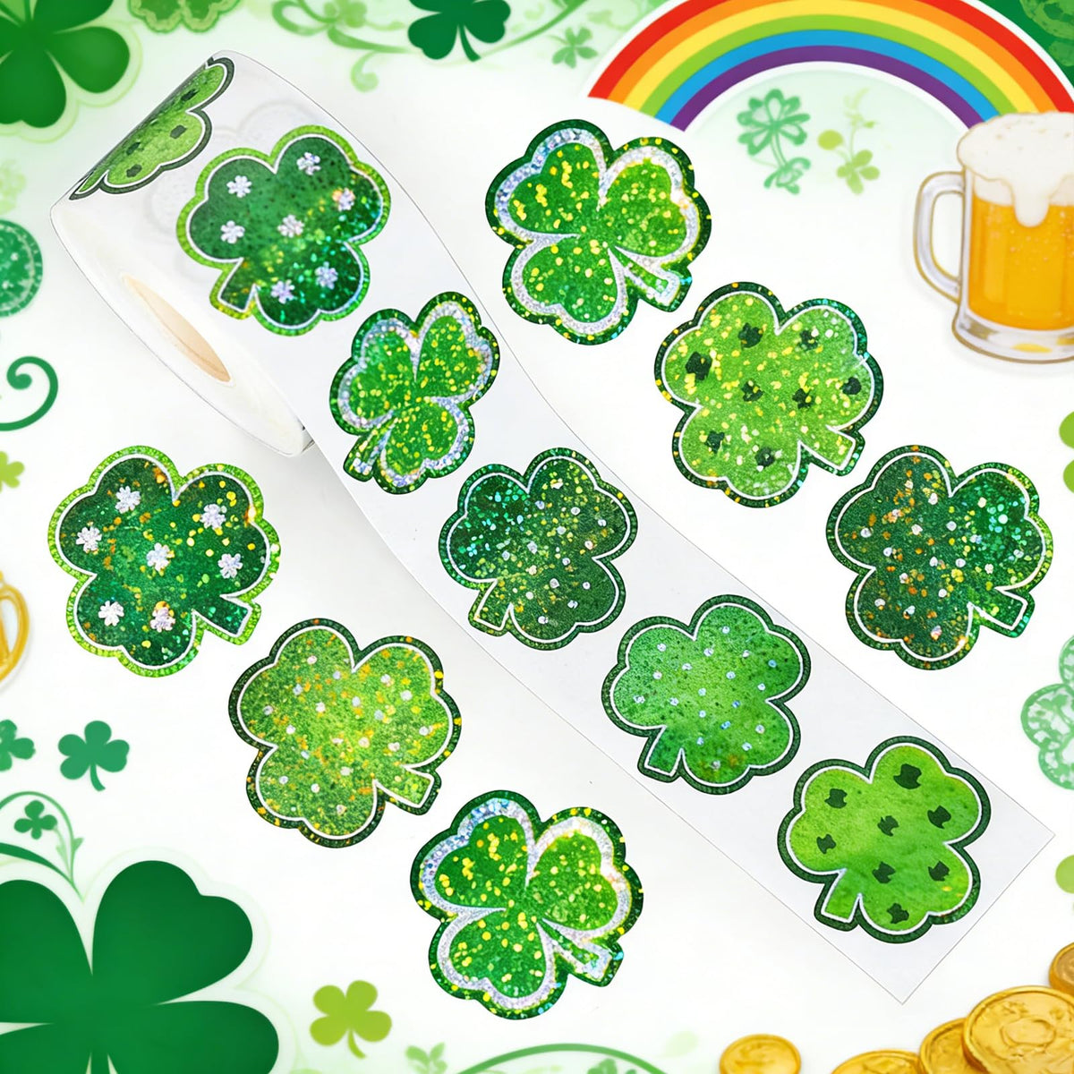 Ycfish 500pcs St Patrick's Day Stickers - 1-Inch Shamrock Glitter Decals for Envelopes & Party Decor