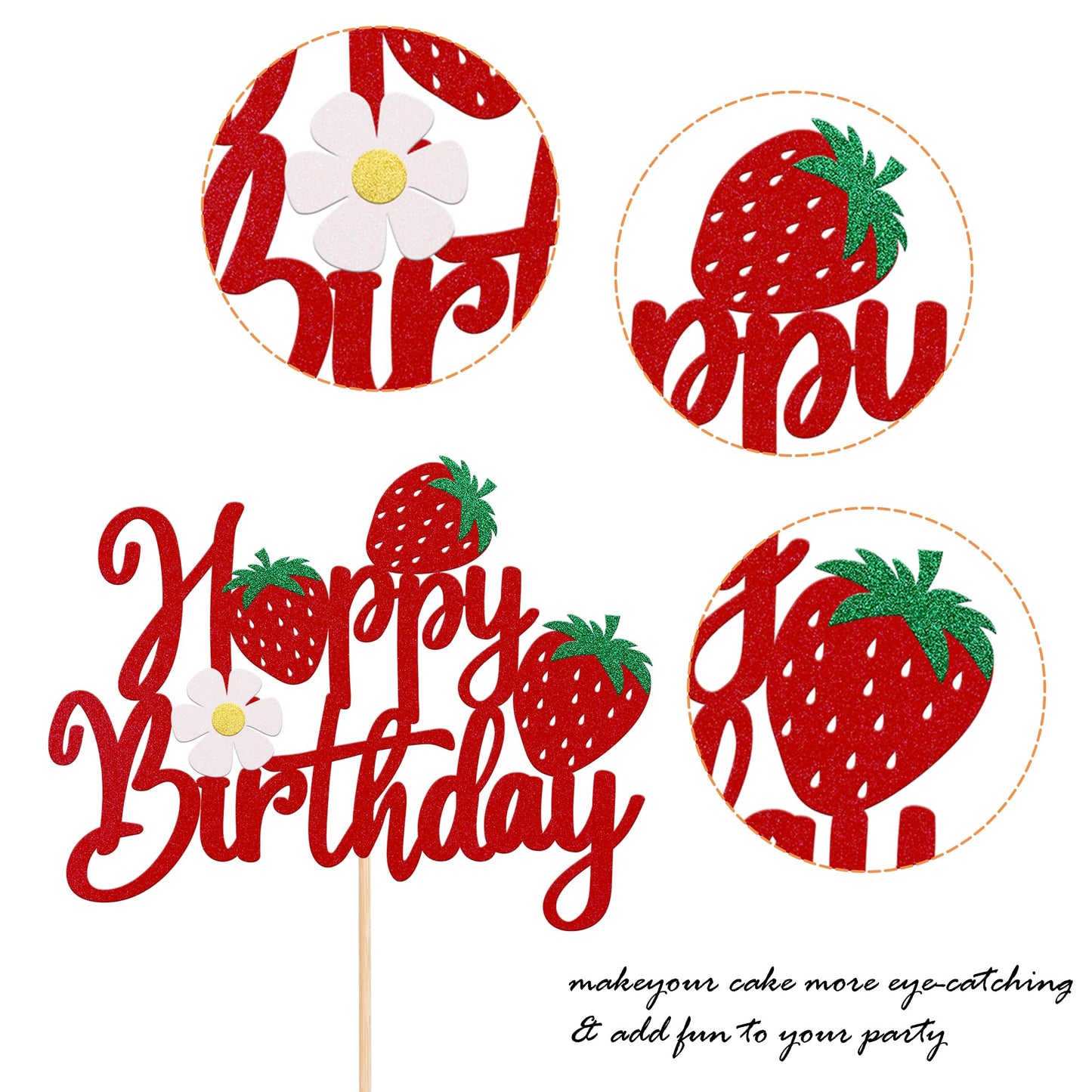 YCTHUNFISH 1 Pack Happy Birthday Cake Topper – Glitter Strawberry Theme