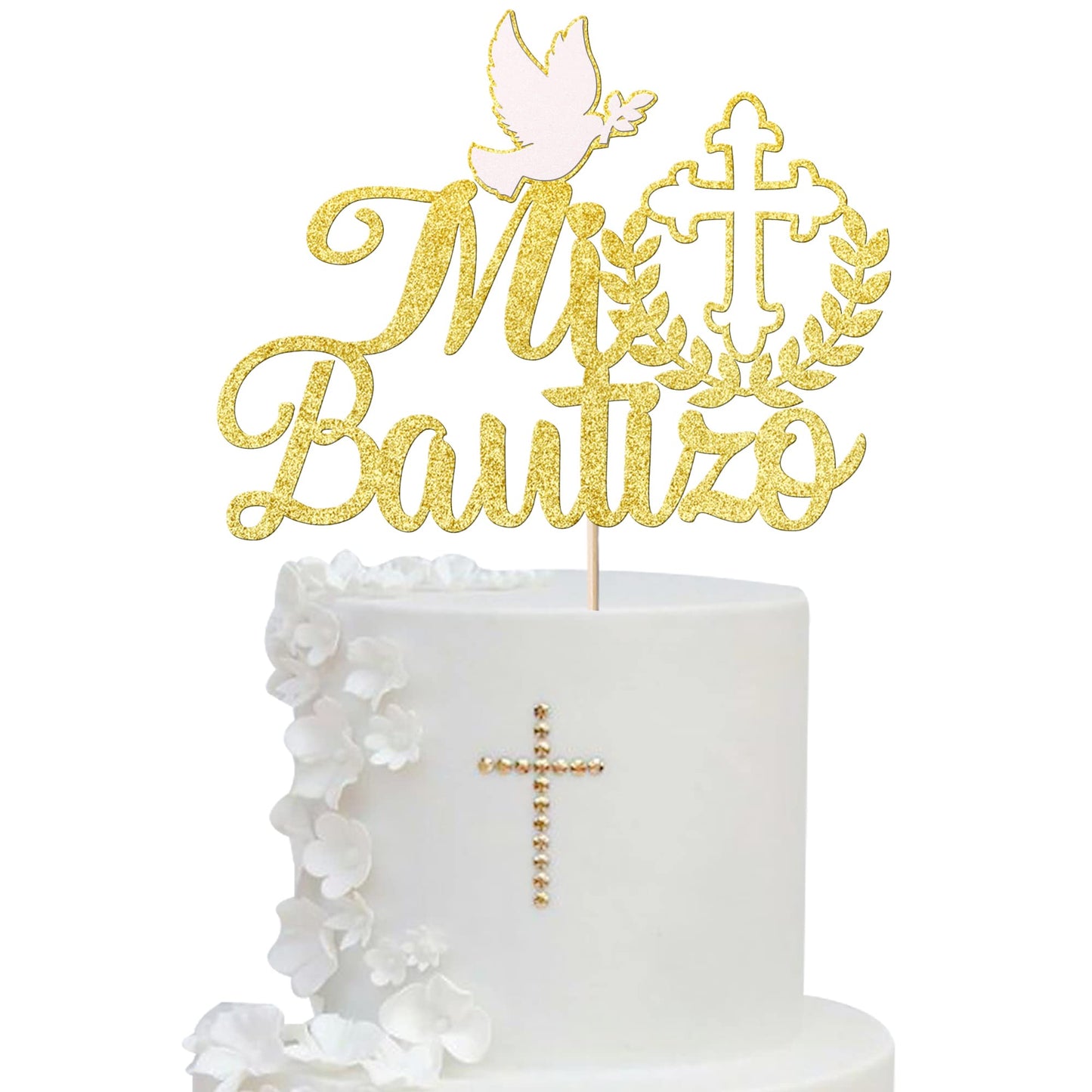 YCTHUNFISH 1 Pack Glitter Cross Cake Topper — Mi Bautizo, First Holy Communion, Baptism, Gold