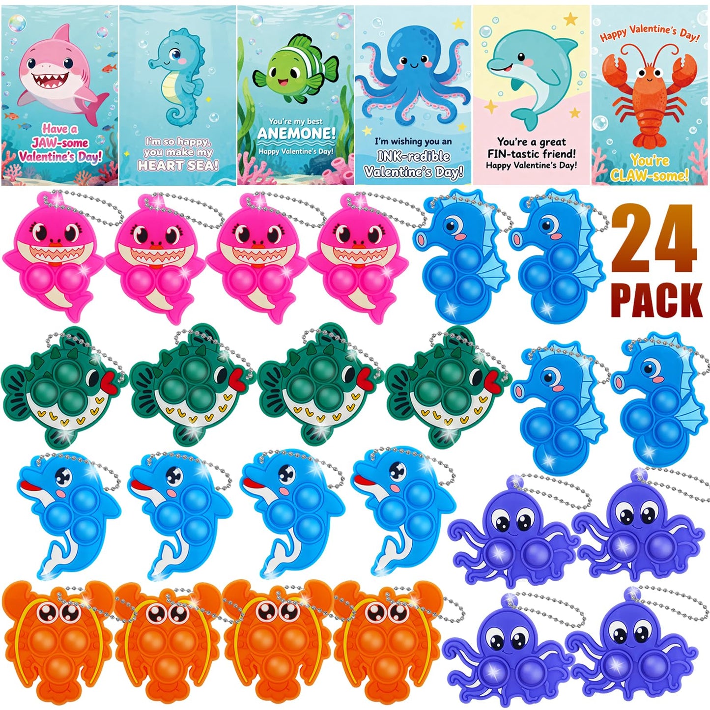 YCWKXJC Valentine's Day Cards for Kids - 24-Pack Non-Candy Ocean Animal Kit