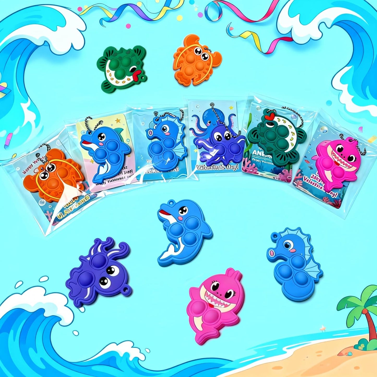YCWKXJC Valentine's Day Cards for Kids - 24-Pack Non-Candy Ocean Animal Kit