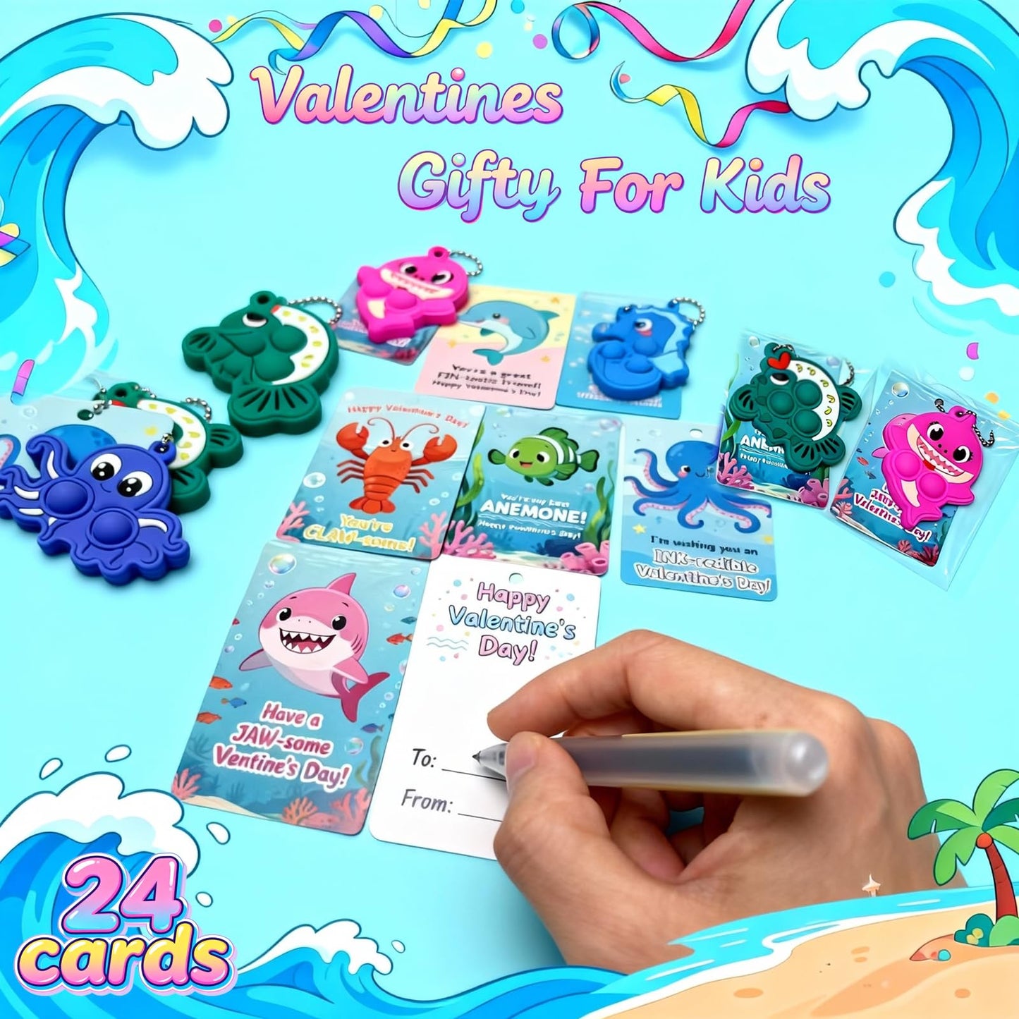 YCWKXJC Valentine's Day Cards for Kids - 24-Pack Non-Candy Ocean Animal Kit