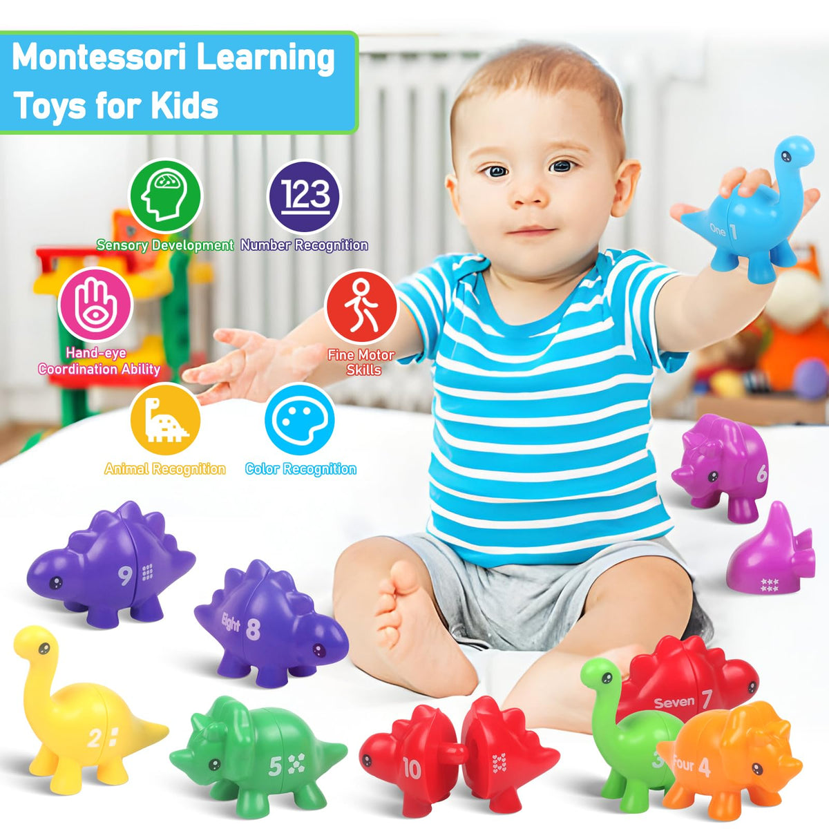 Yeahbof Numbers Matching Game - 10 Pcs Montessori Dinosaur Counting Toys for Toddlers Ages 1-5