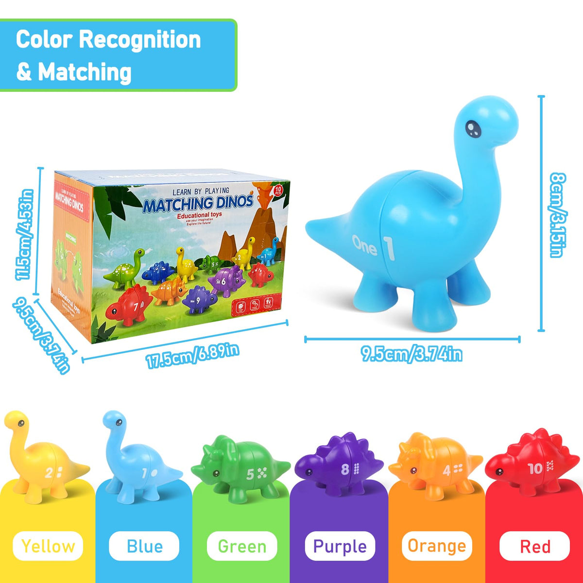 Yeahbof Numbers Matching Game - 10 Pcs Montessori Dinosaur Counting Toys for Toddlers Ages 1-5