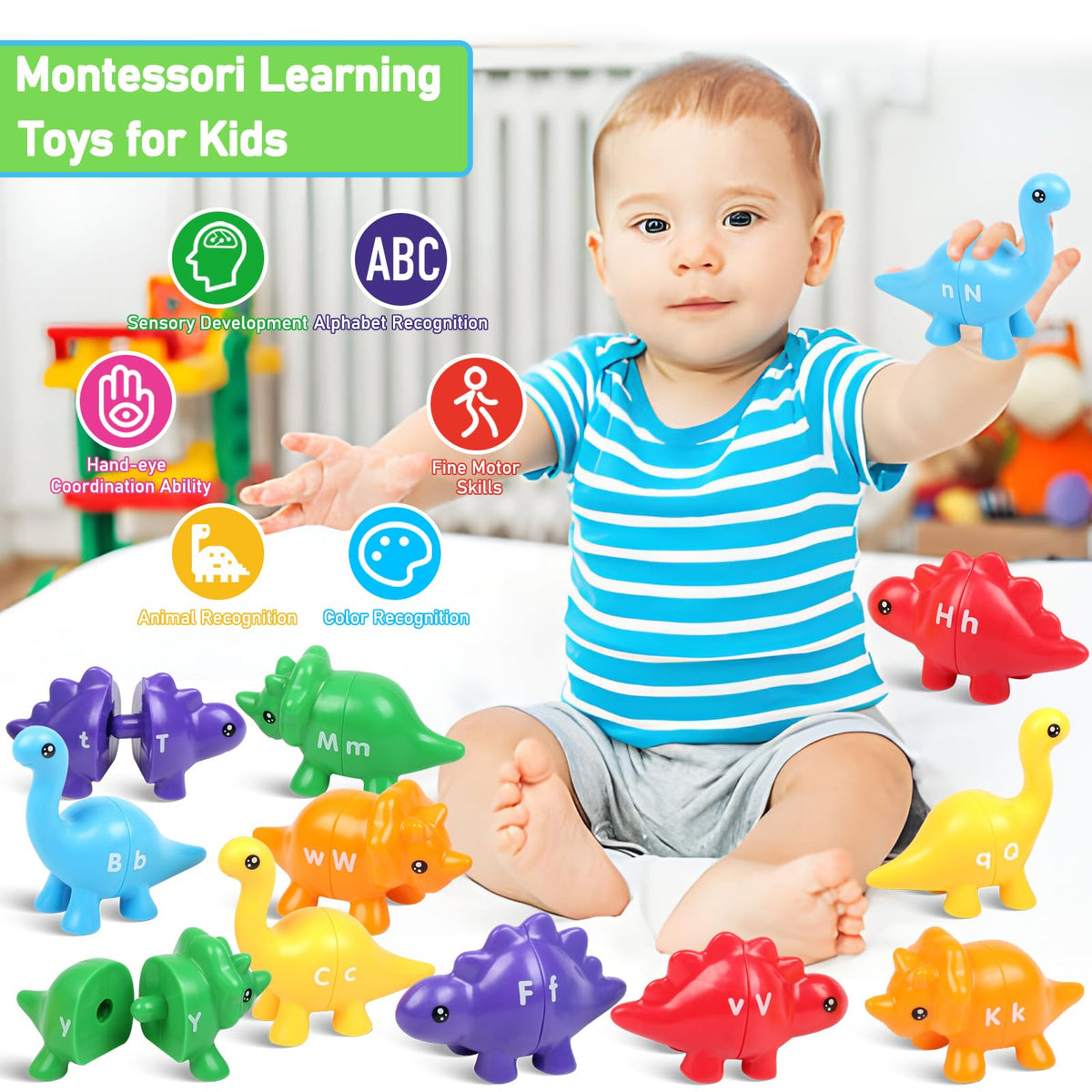 Yeahbof Letters Matching Dinosaur Game – 26 Letters Double-Sided ABC Alphabet for Toddlers and Preschoolers