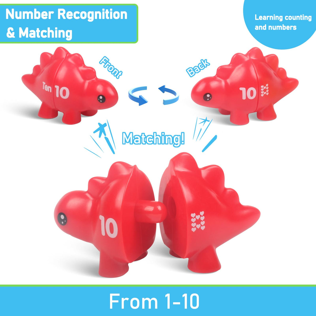 Yeahbof Numbers Matching Game - 10 Pcs Montessori Dinosaur Counting Toys for Toddlers Ages 1-5
