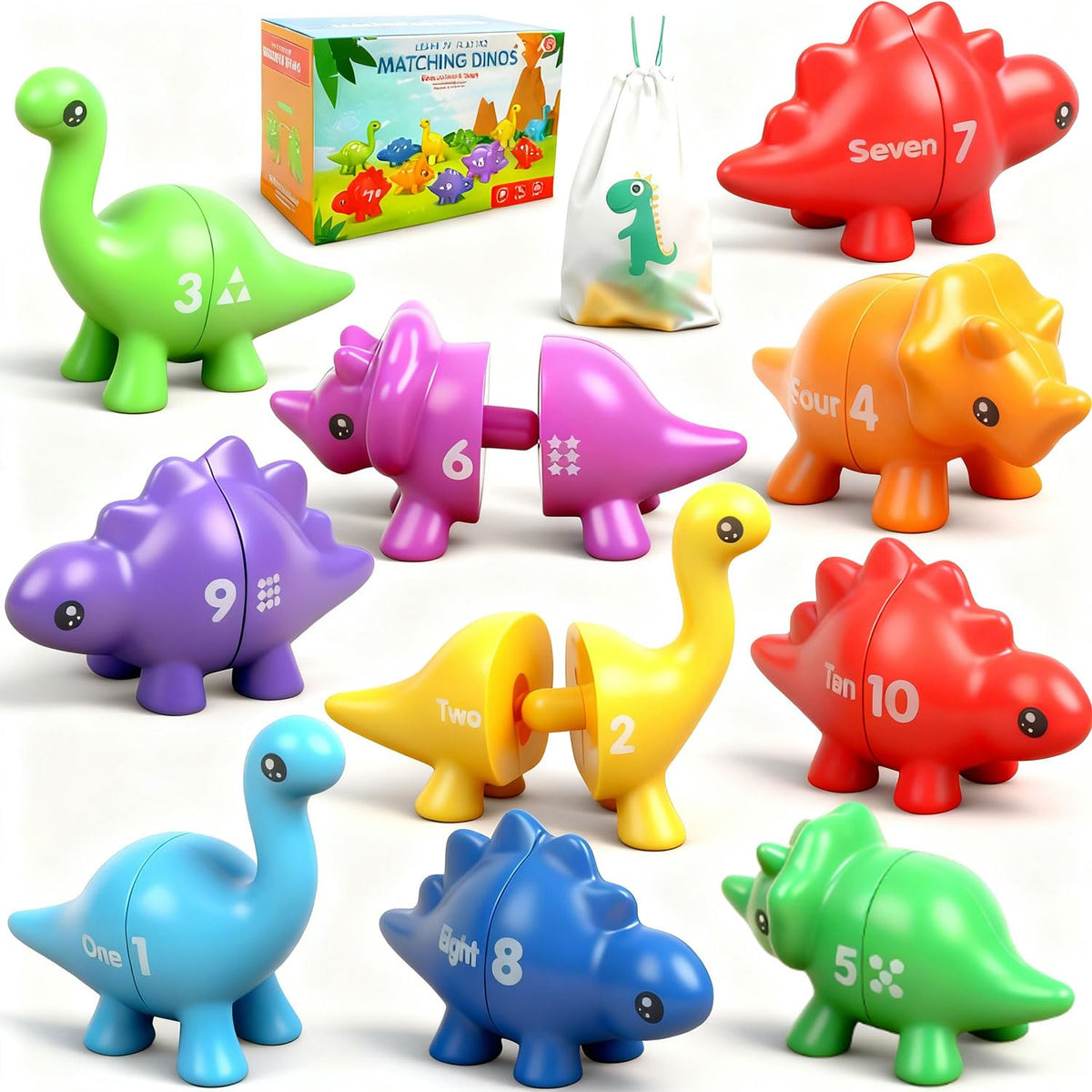 Yeahbof Numbers Matching Game - 10 Pcs Montessori Dinosaur Counting Toys for Toddlers Ages 1-5