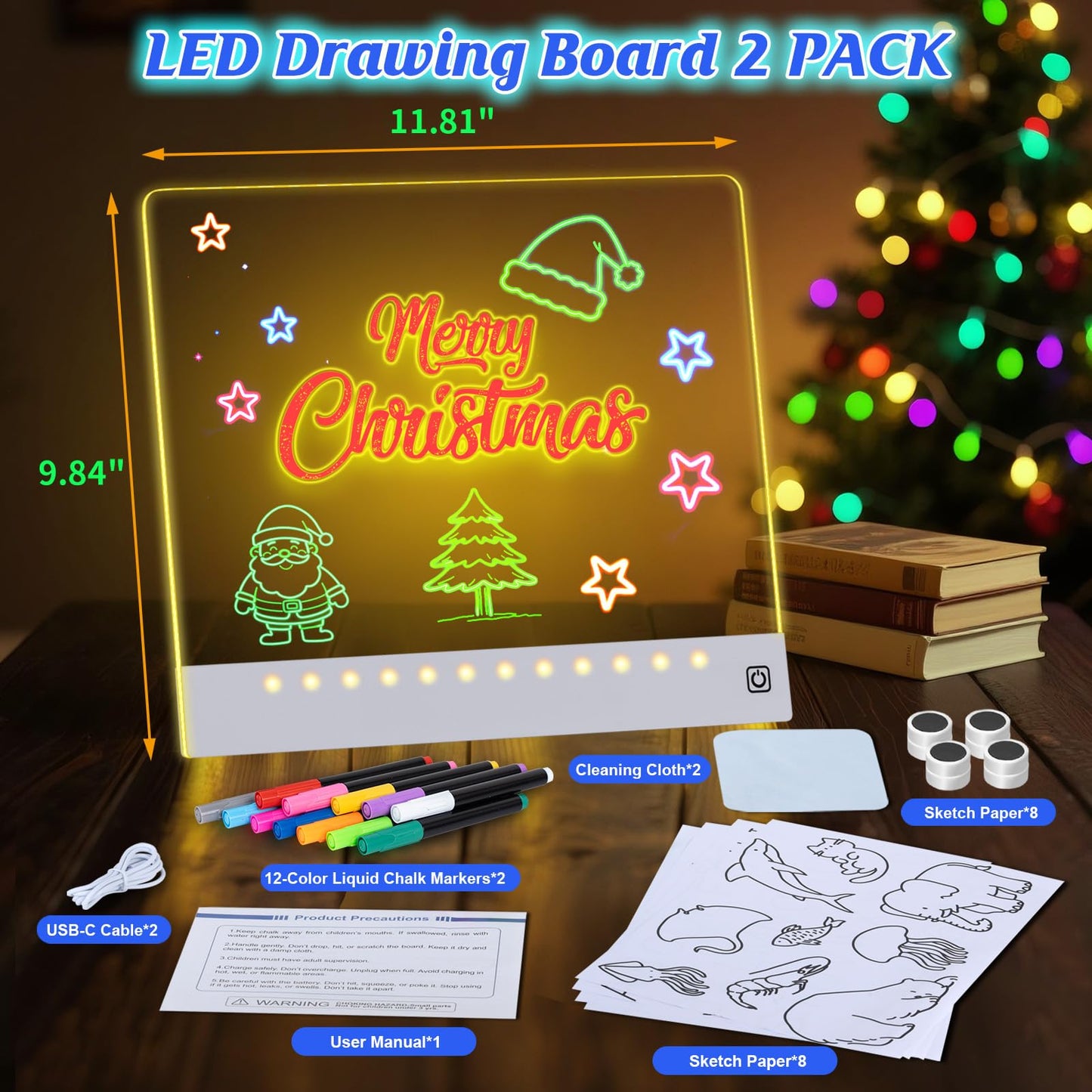 Yecuip Lumi Board 2-Pack: Rechargeable LED Drawing Boards for Kids with Tracing Pages