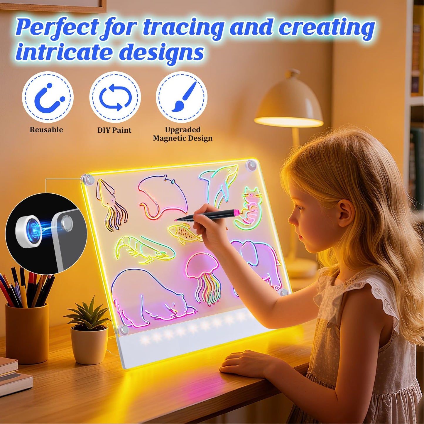 Yecuip Lumi Board 2-Pack: Rechargeable LED Drawing Boards for Kids with Tracing Pages