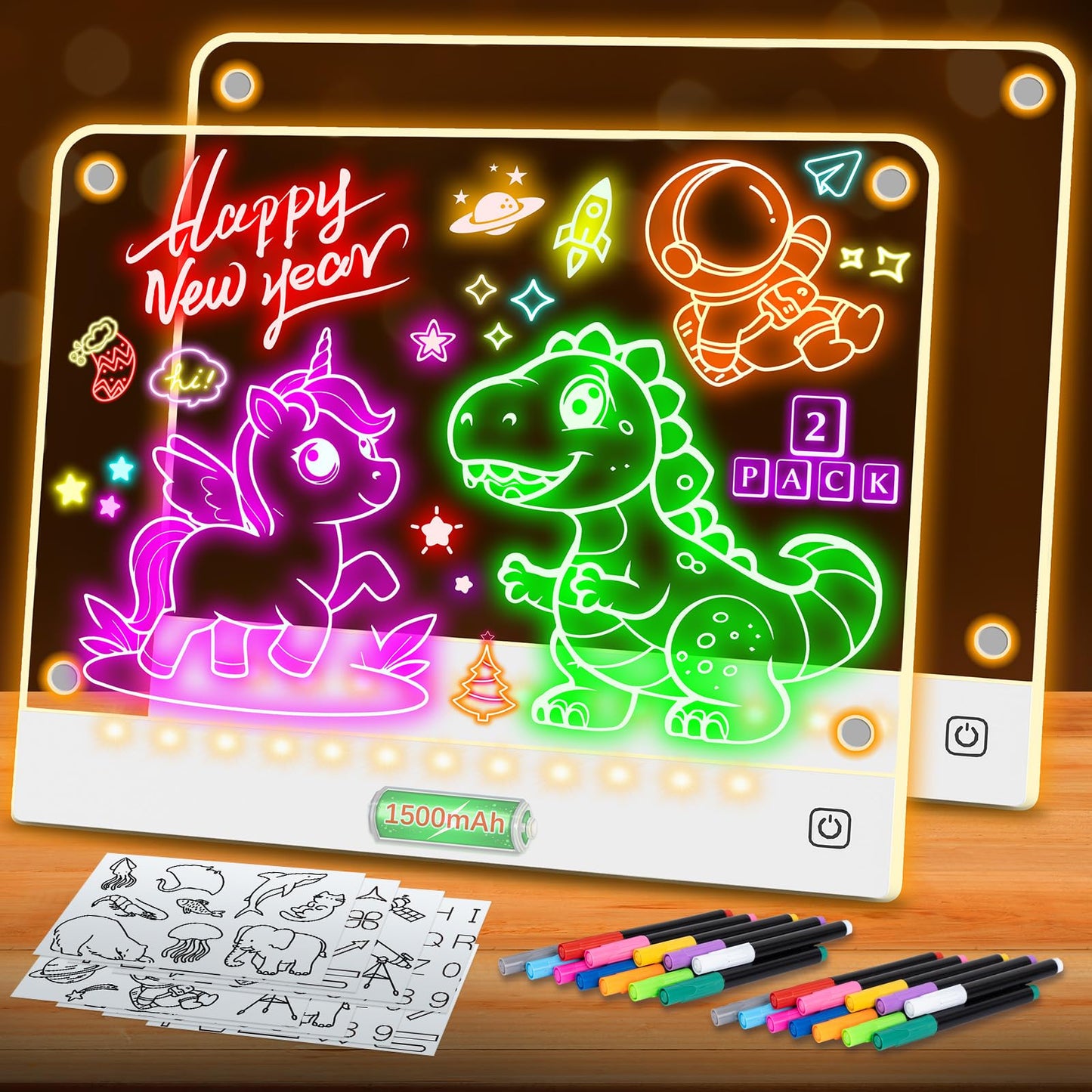 Yecuip Lumi Board 2-Pack: Rechargeable LED Drawing Boards for Kids with Tracing Pages