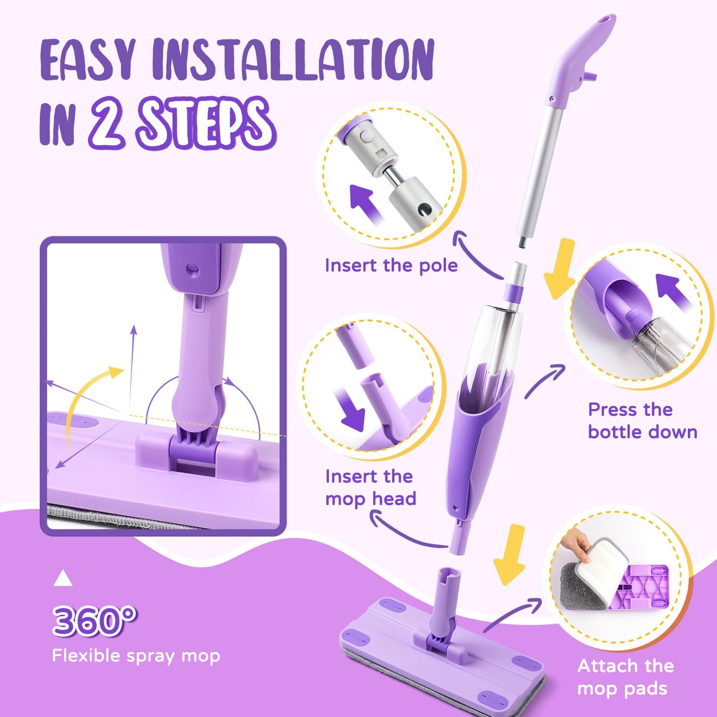 Yeeammk Purple Mini Spray Mop – Toddler Montessori Cleaning Toy for Girls 3–8 with Real Spray Water