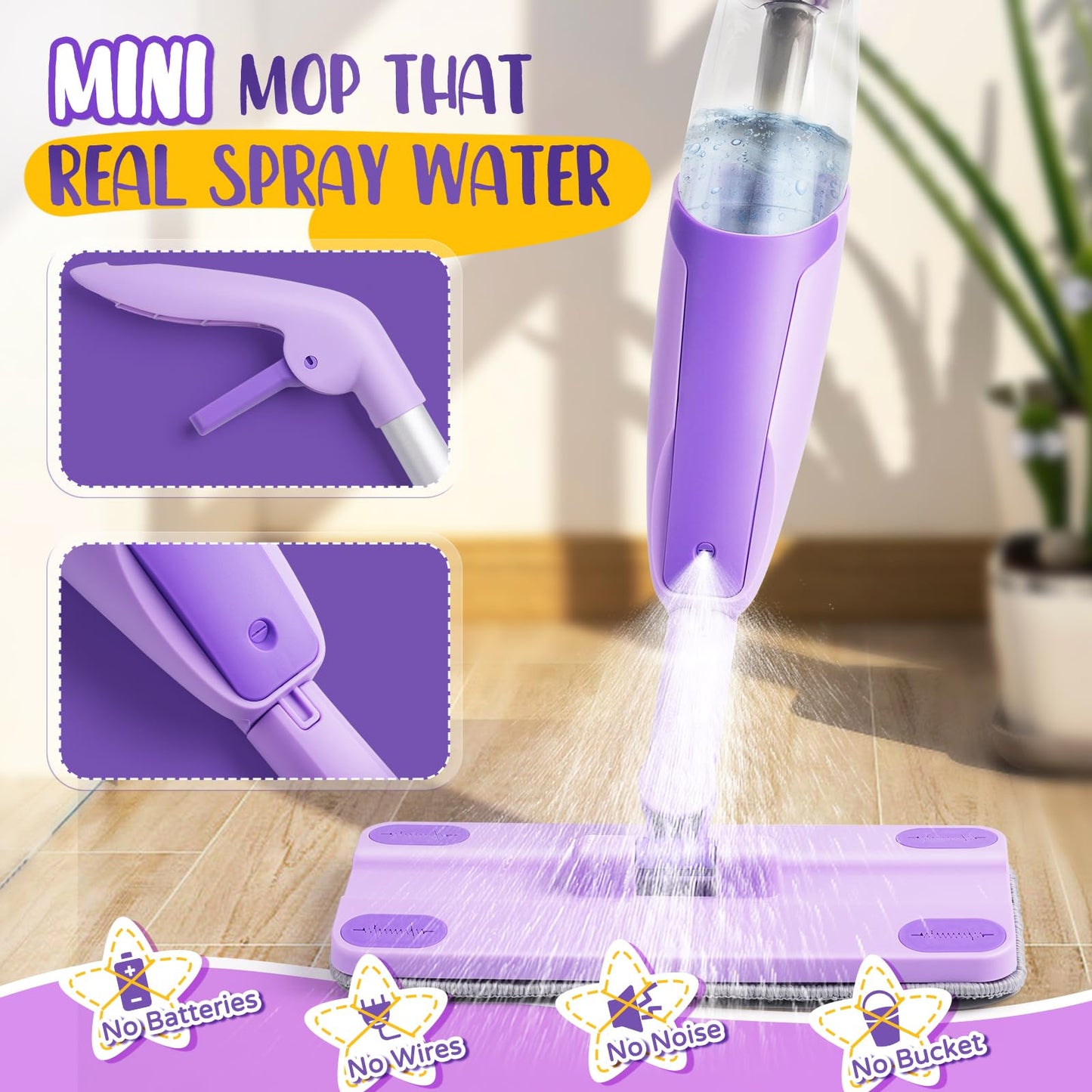 Yeeammk Purple Mini Spray Mop – Toddler Montessori Cleaning Toy for Girls 3–8 with Real Spray Water