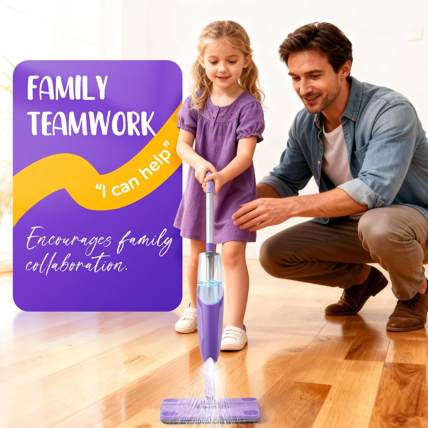 Yeeammk Purple Mini Spray Mop – Toddler Montessori Cleaning Toy for Girls 3–8 with Real Spray Water
