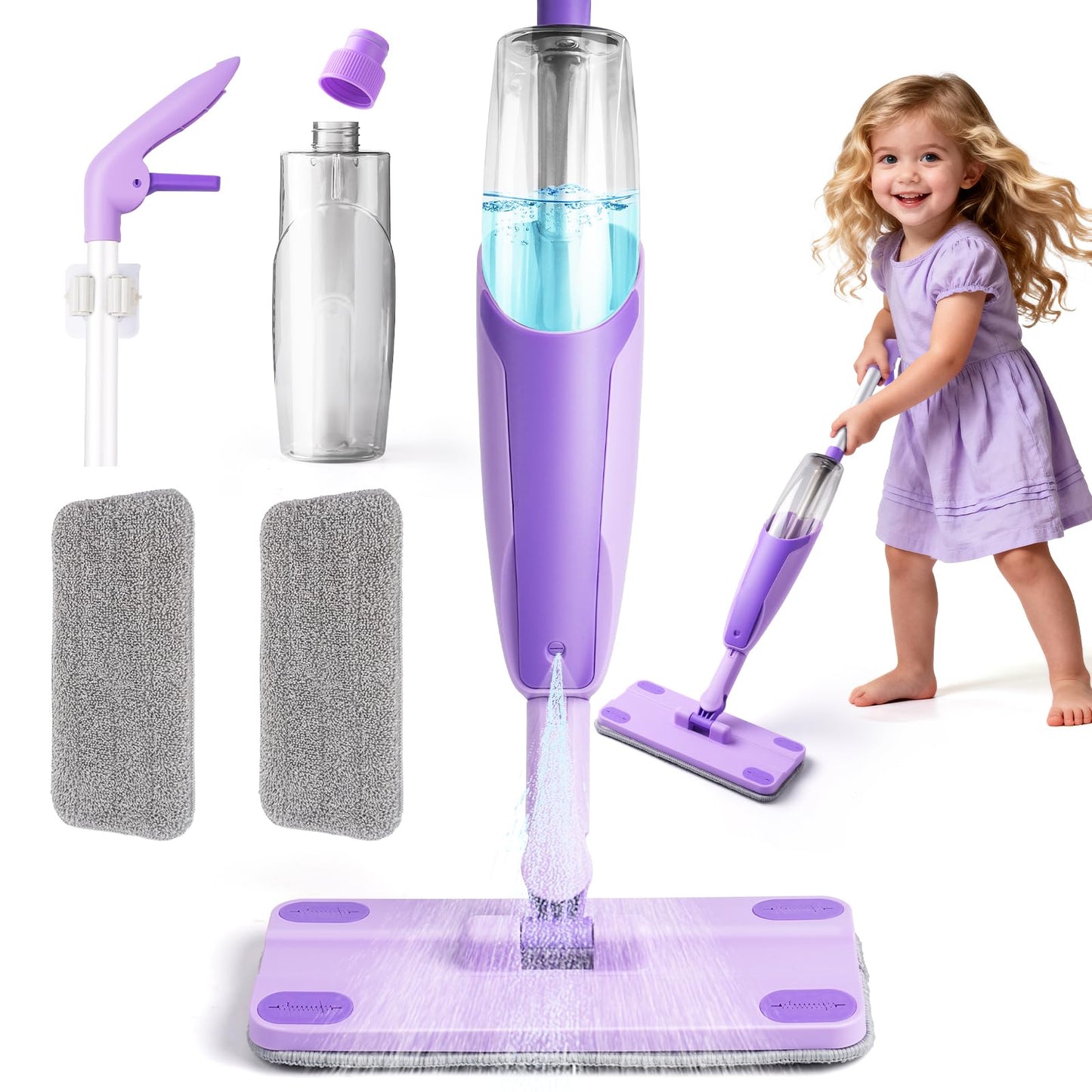 Yeeammk Purple Mini Spray Mop – Toddler Montessori Cleaning Toy for Girls 3–8 with Real Spray Water