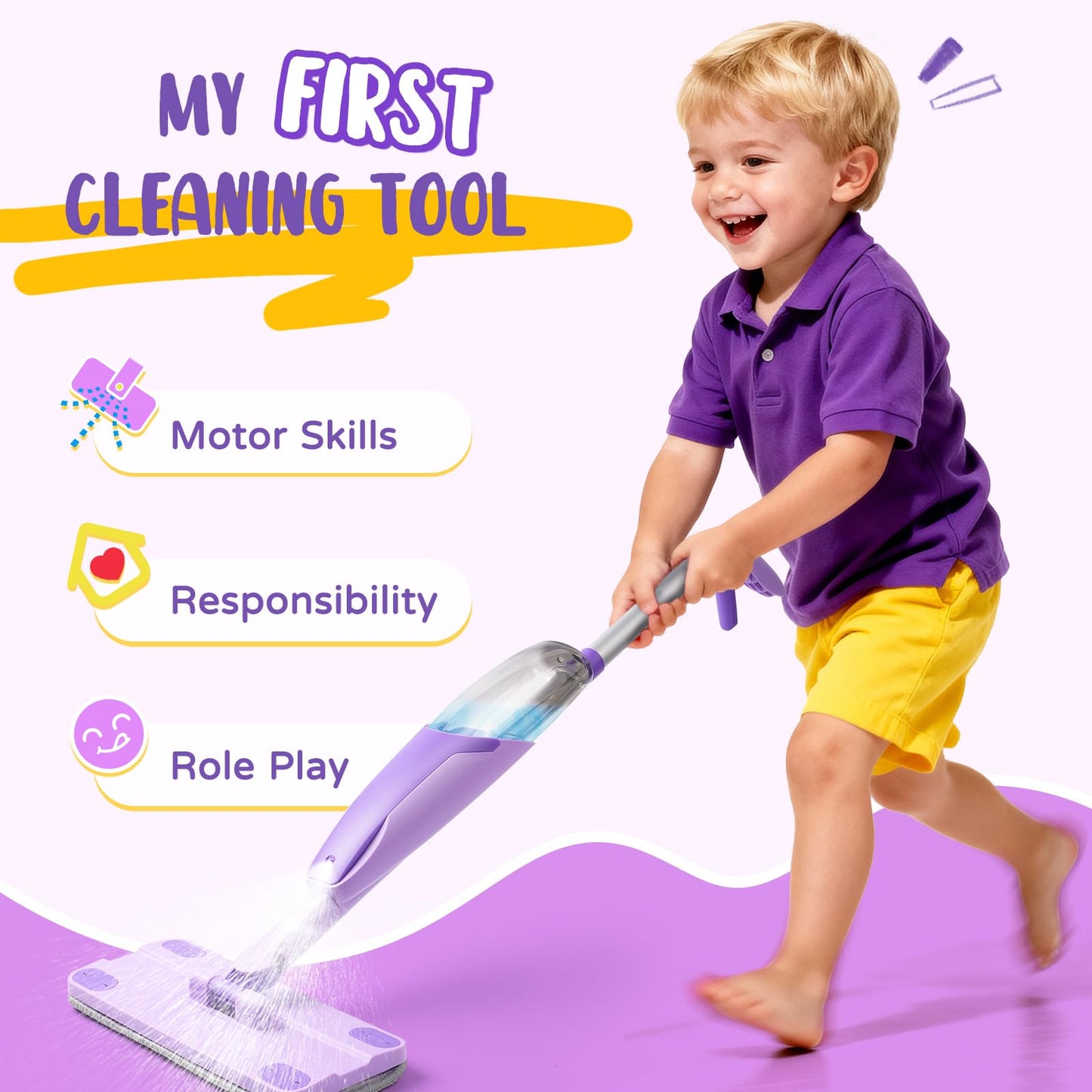 Yeeammk Purple Mini Spray Mop – Toddler Montessori Cleaning Toy for Girls 3–8 with Real Spray Water