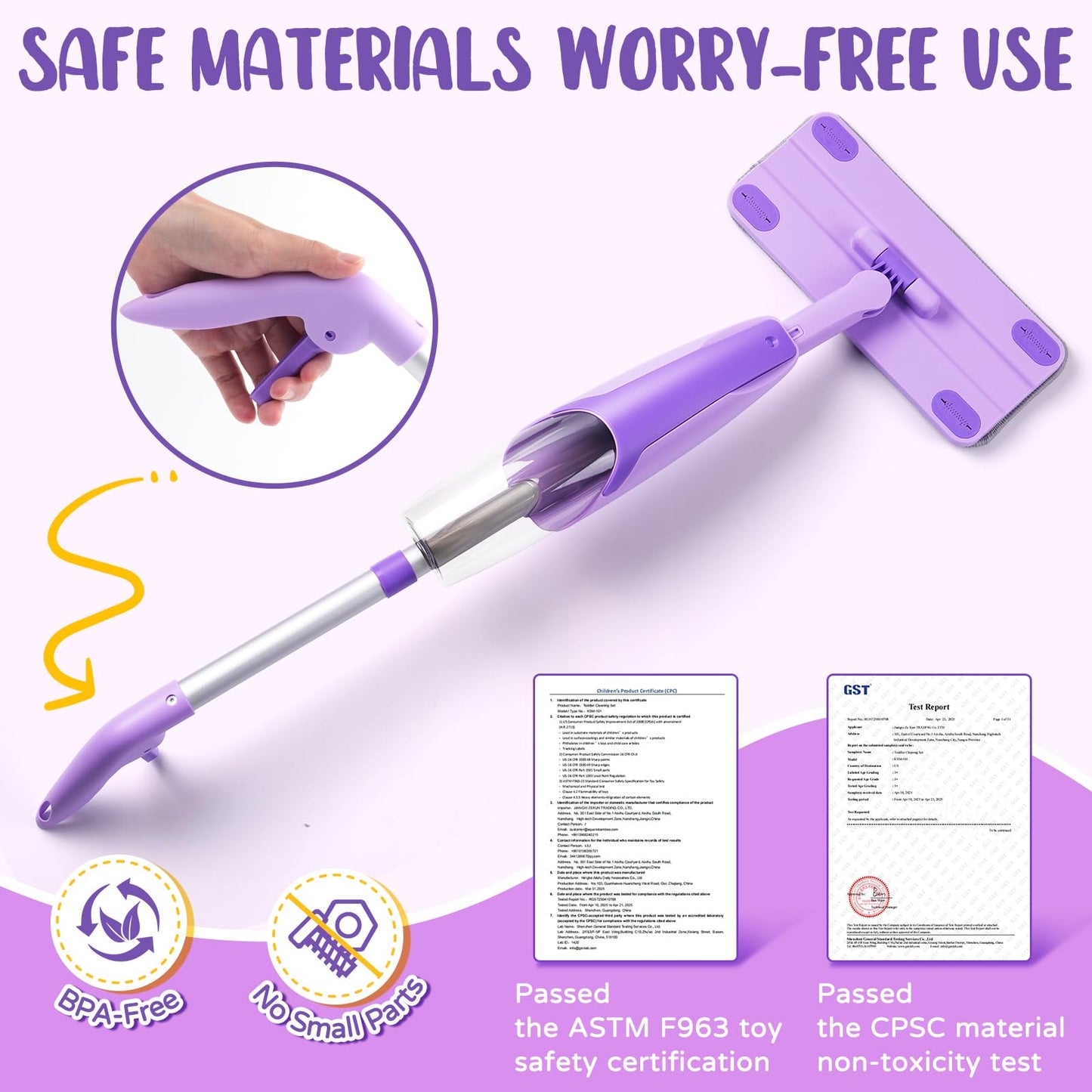 Yeeammk Purple Mini Spray Mop – Toddler Montessori Cleaning Toy for Girls 3–8 with Real Spray Water