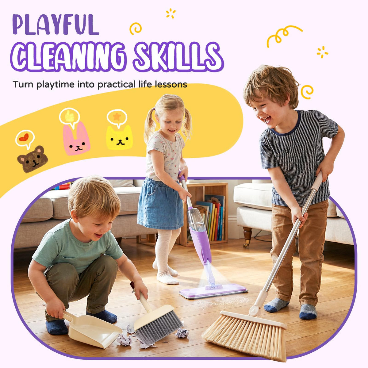 Yeeammk Kids Cleaning Toy Set - Purple Mini Spray Mop & Broom for Toddlers