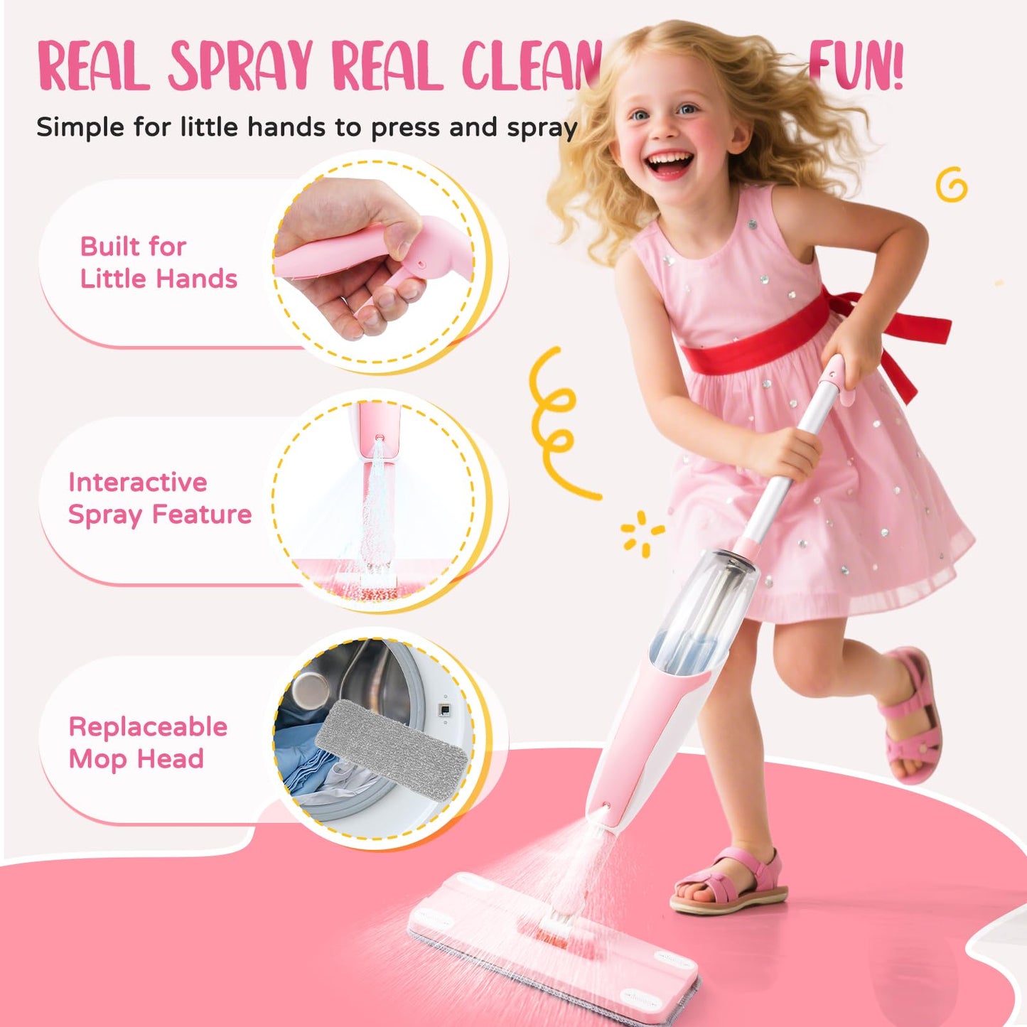 Yeeammk Kids Cleaning Toy Set – Pink Mini Spray Mop & Montessori Pretend Play for Toddlers (Ages 3+)