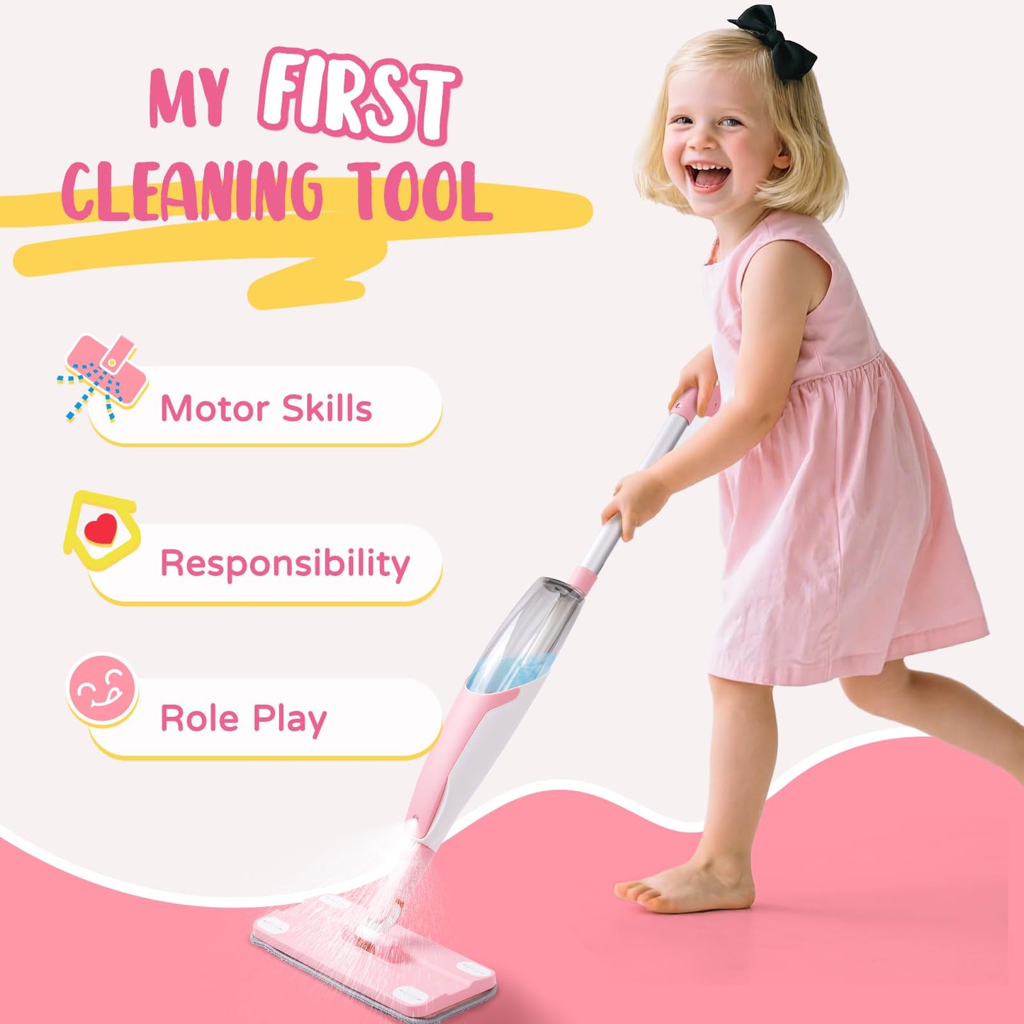 Yeeammk Pink Mini Spray Mop Montessori Toddler Cleaning Toy for Girls 3-8