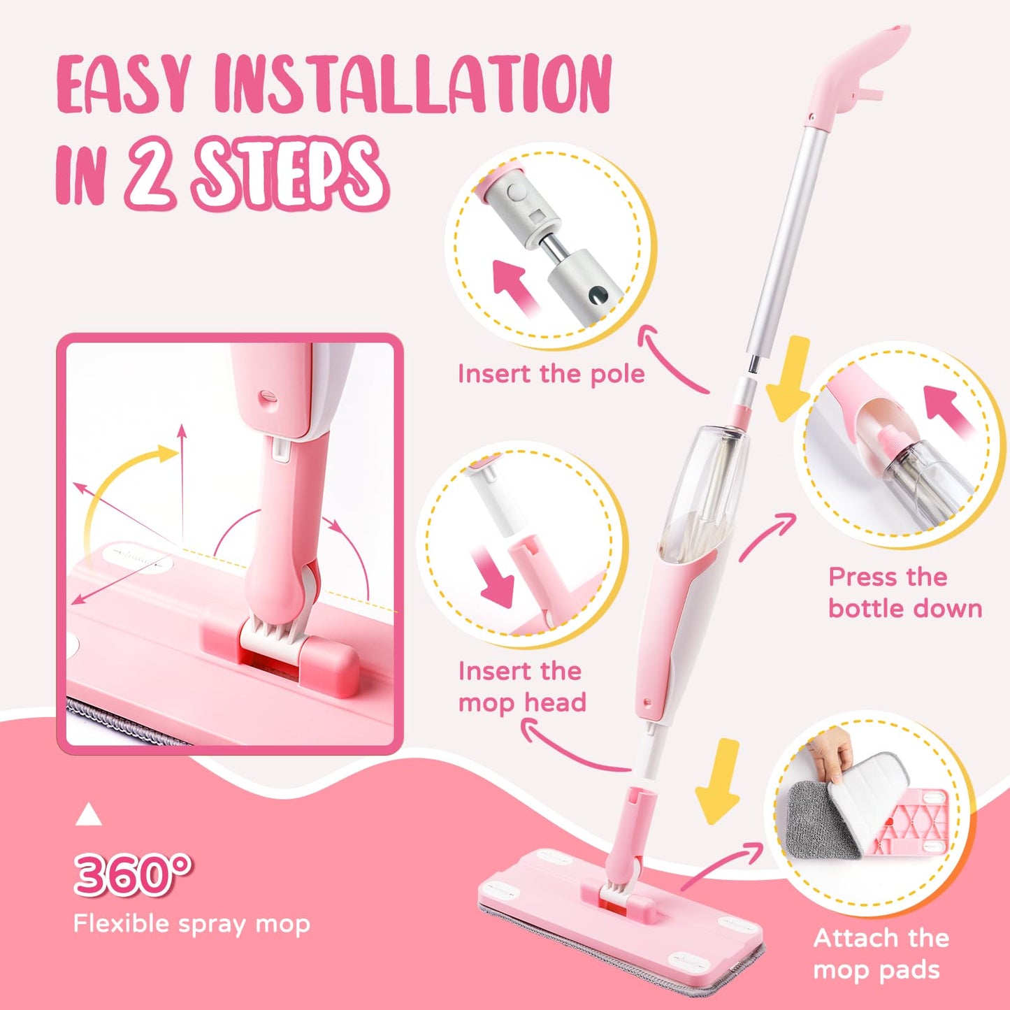 Yeeammk Pink Mini Spray Mop Montessori Toddler Cleaning Toy for Girls 3-8