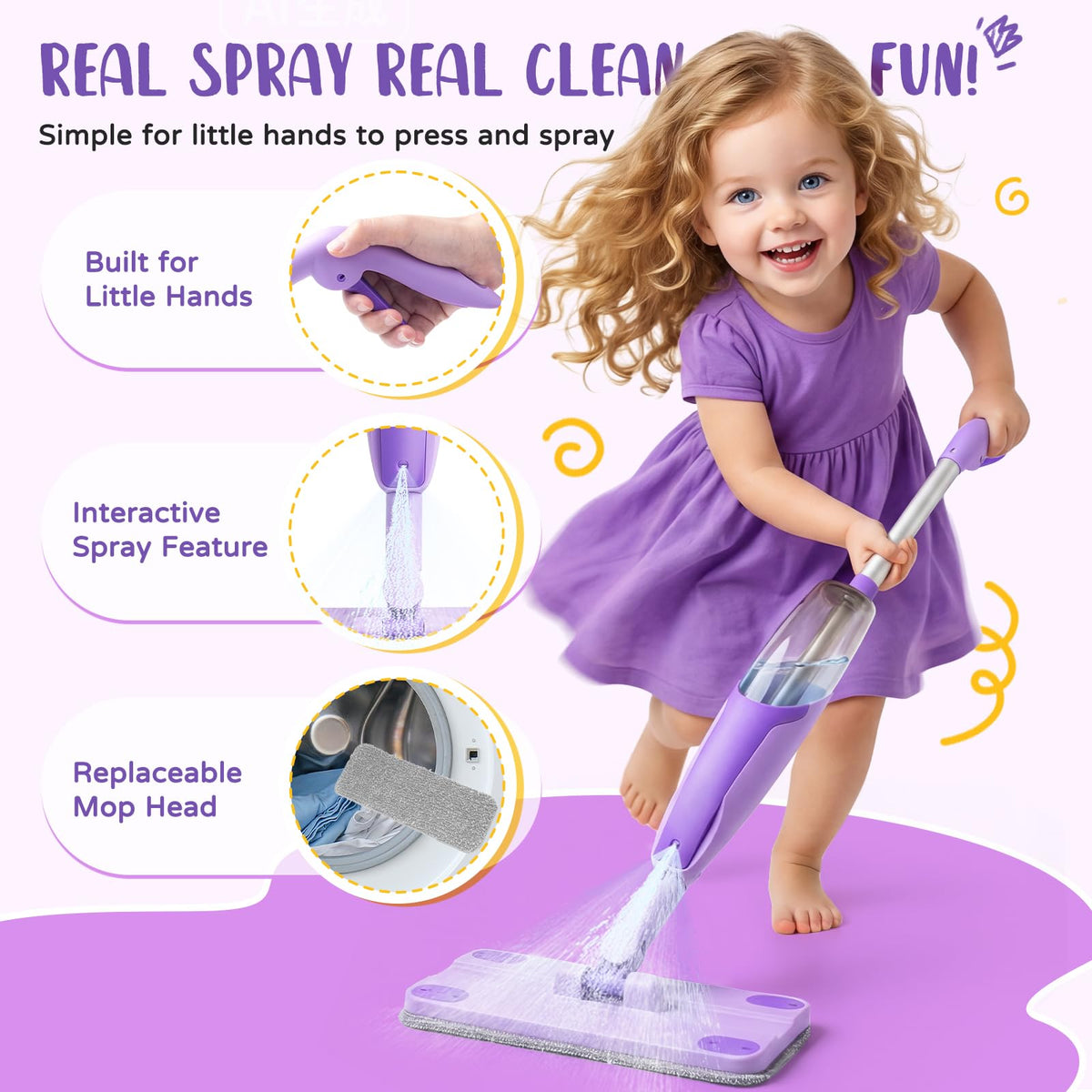 Yeeammk Kids Cleaning Toy Set - Purple Mini Spray Mop & Broom for Toddlers